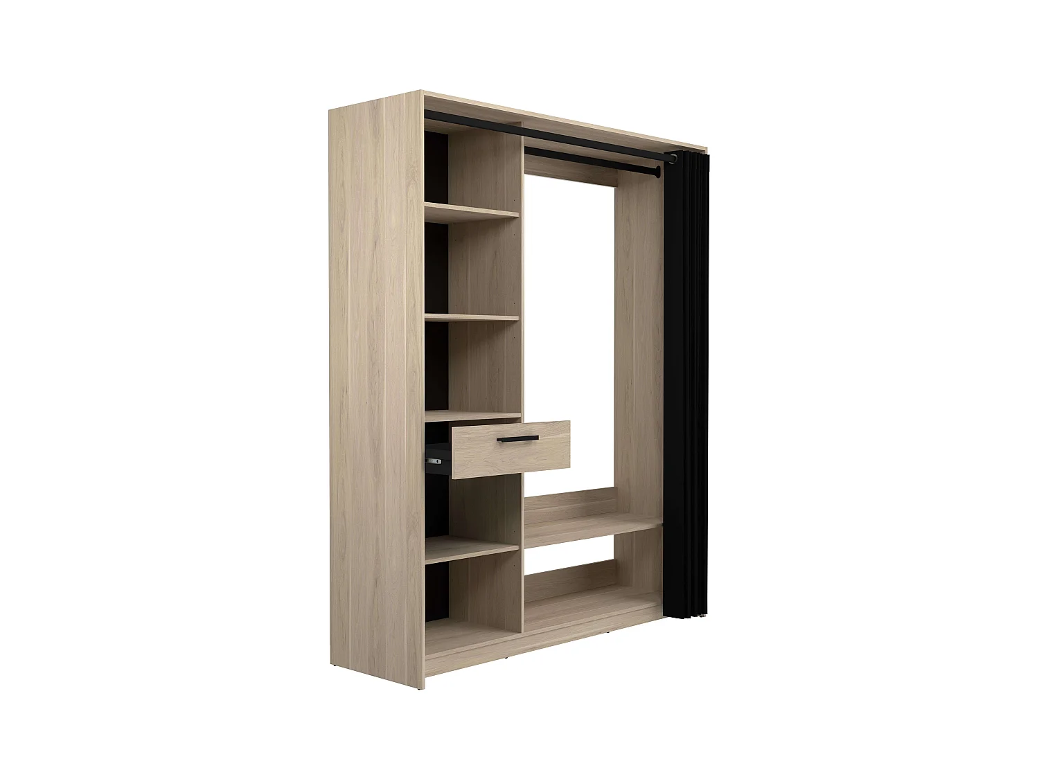 Vestidor Aura col. 5 estantes, 1 cajón, barra madera clara/negra 161x200x50 cm