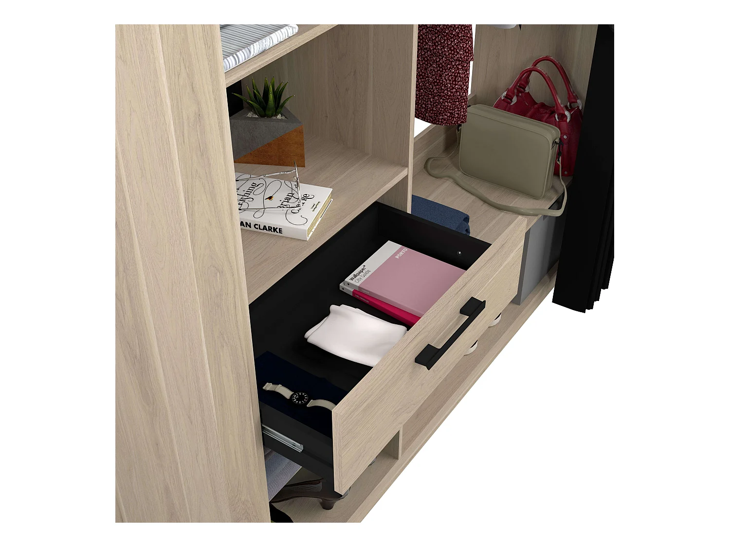 Vestidor Aura col. 5 estantes, 1 cajón, barra madera clara/negra 161x200x50 cm