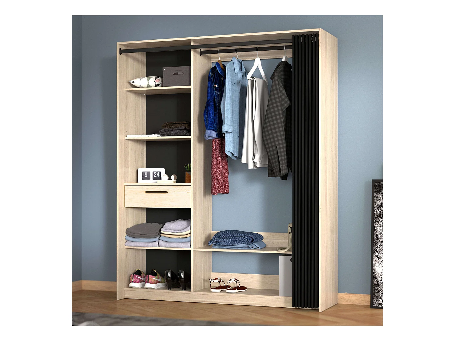 Vestidor Aura col. 5 estantes, 1 cajón, barra madera clara/negra 161x200x50 cm