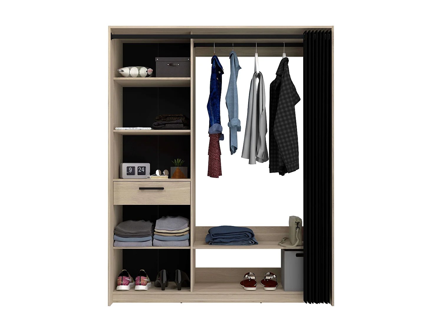 Vestidor Aura col. 5 estantes, 1 cajón, barra madera clara/negra 161x200x50 cm