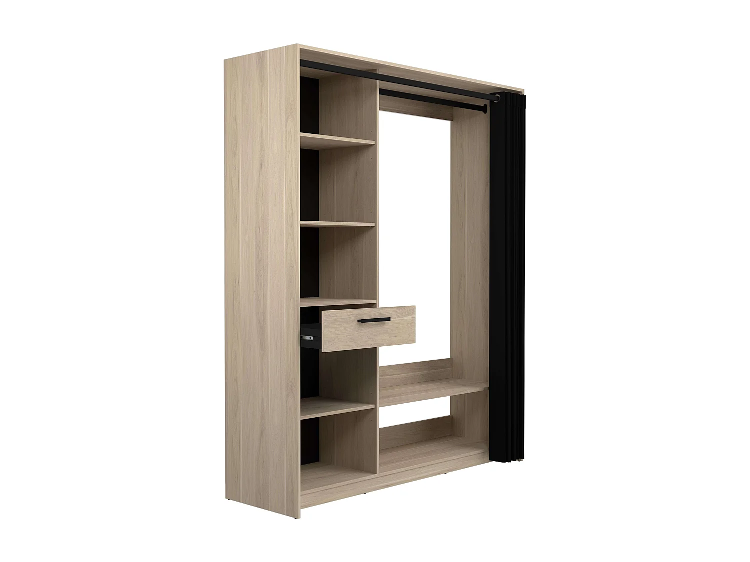 Vestidor Aura col. 5 estantes, 1 cajón, barra madera clara/negra 161x200x50 cm