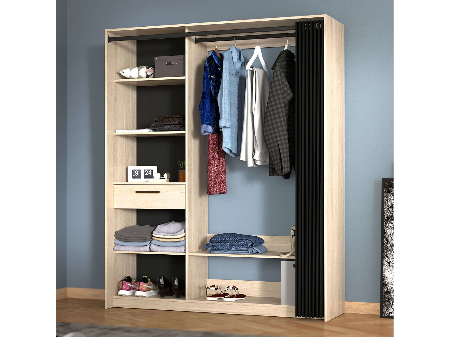 Vestidor Aura col. 5 estantes, 1 cajón, barra madera clara/negra 161x200x50 cm