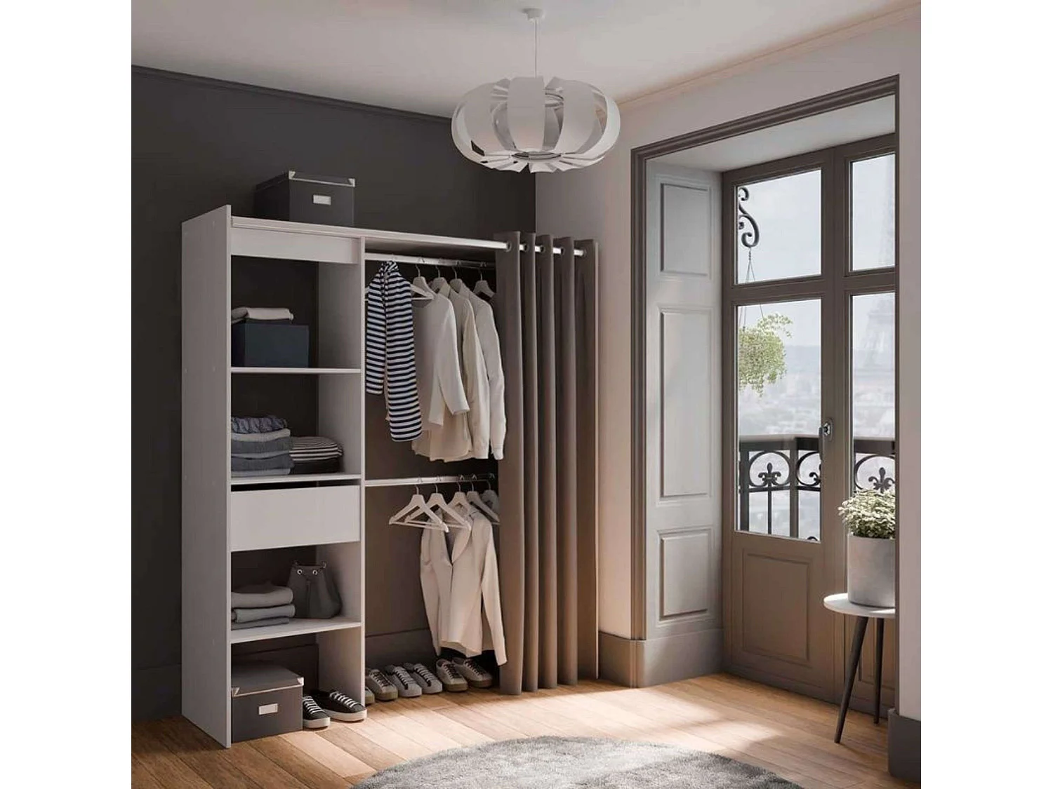 Vestidor Chicago Extensible Blanco 1 Cajón 2 Barras 113-167X192 cm