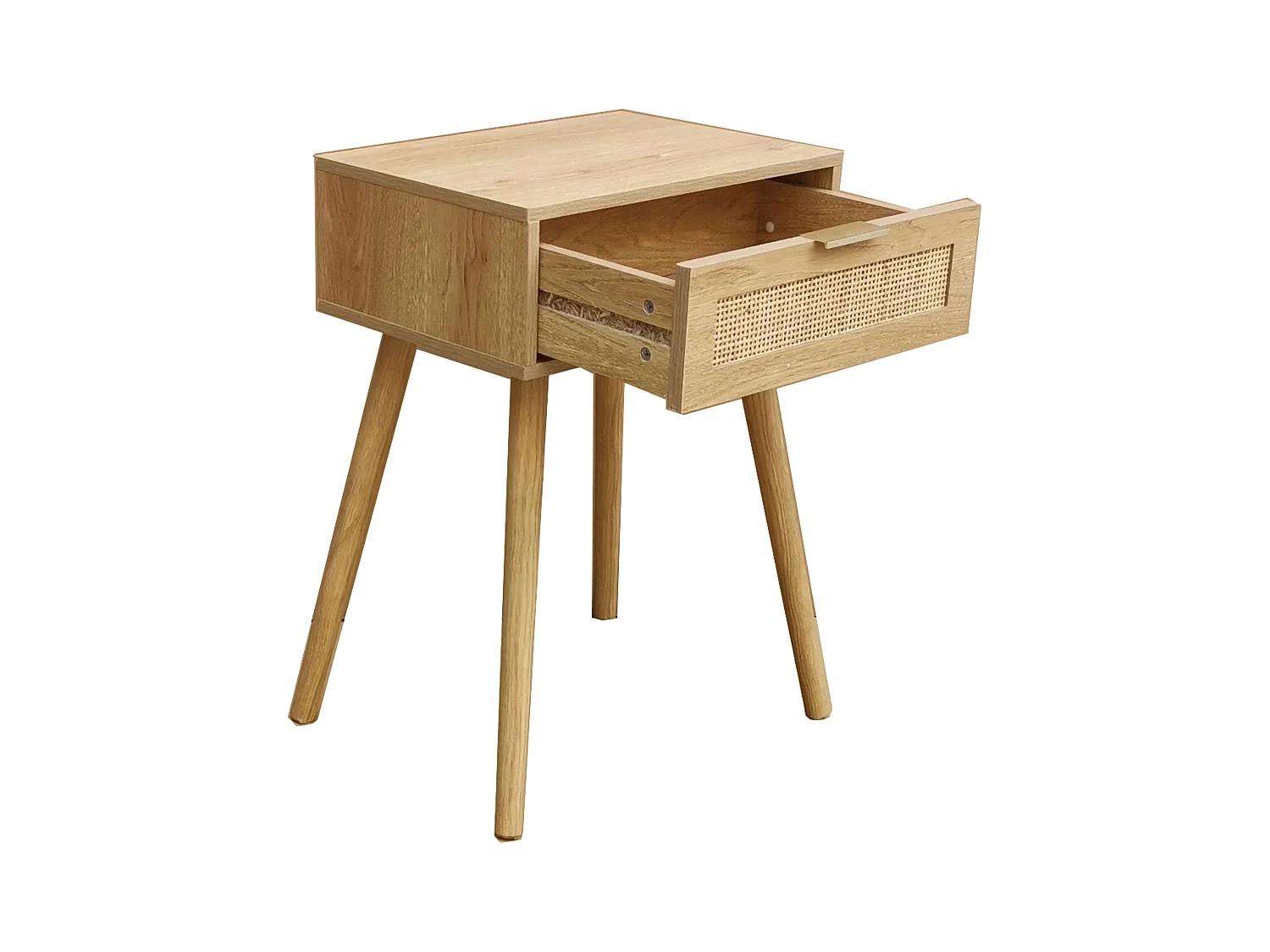 Mesa de cabeceira Frisa Natural Style em pinho e rattan com 1 gaveta 40x60x30 cm