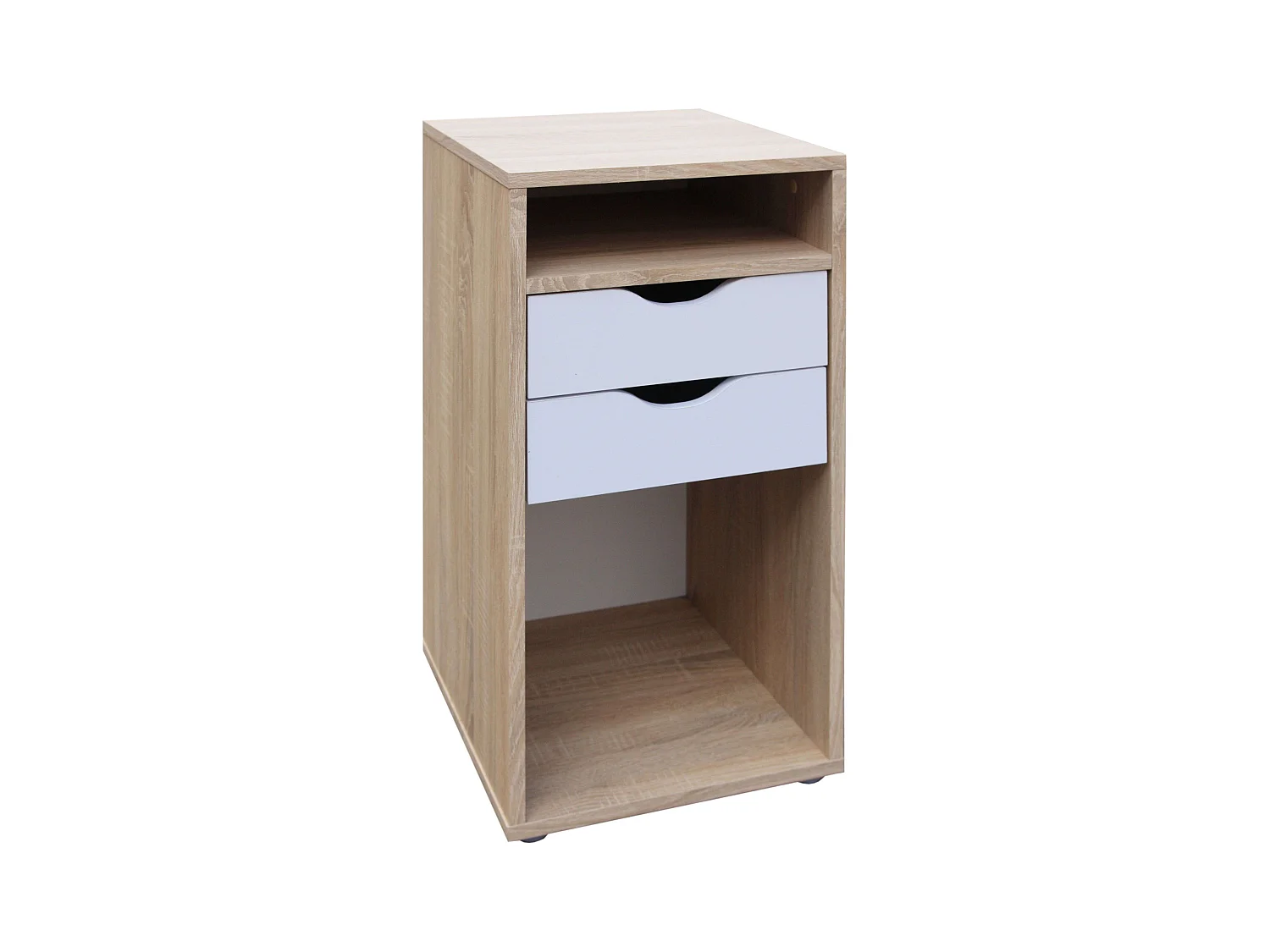 Mesita de noche Parc 2 cajones y huecos en roble Sonoma y blanco 36x71 cm