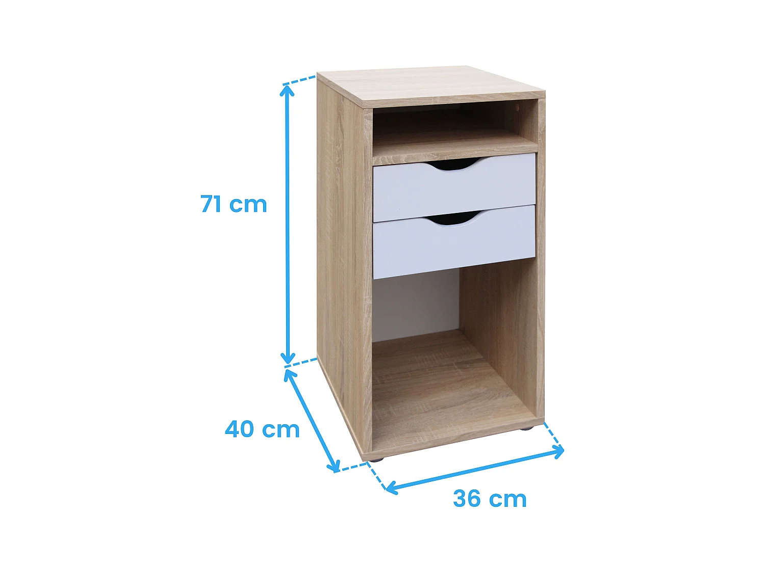 Mesita de noche Parc 2 cajones y huecos en roble Sonoma y blanco 36x71 cm