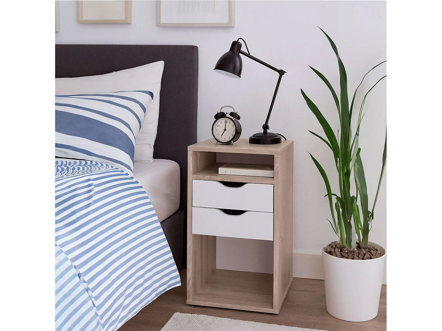 Mesita de noche Parc 2 cajones y huecos en roble Sonoma y blanco 36x71 cm