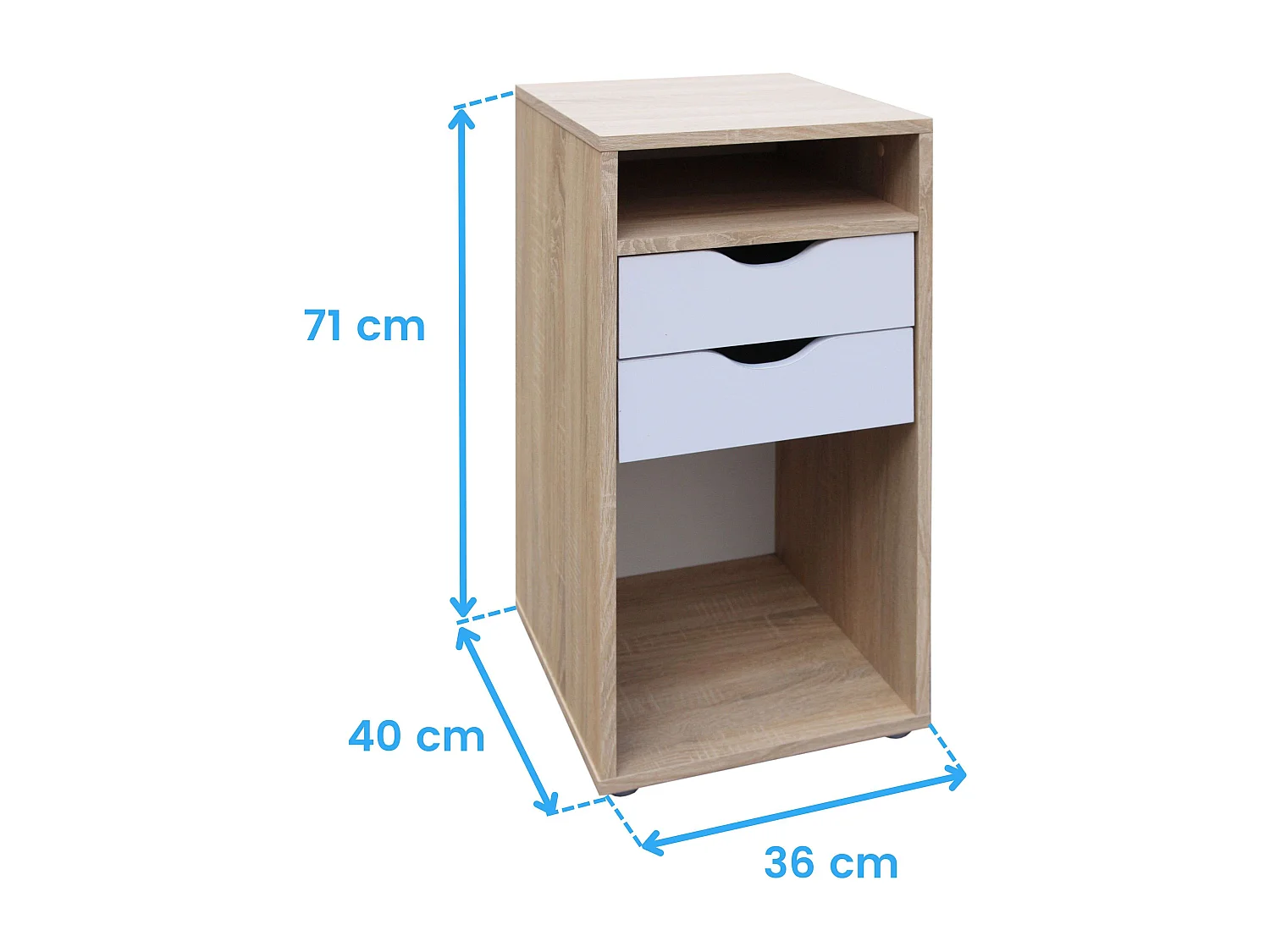 Table de chevet Parc avec 2 tiroirs et niches en chêne Sonoma et blanc 36x71 cm