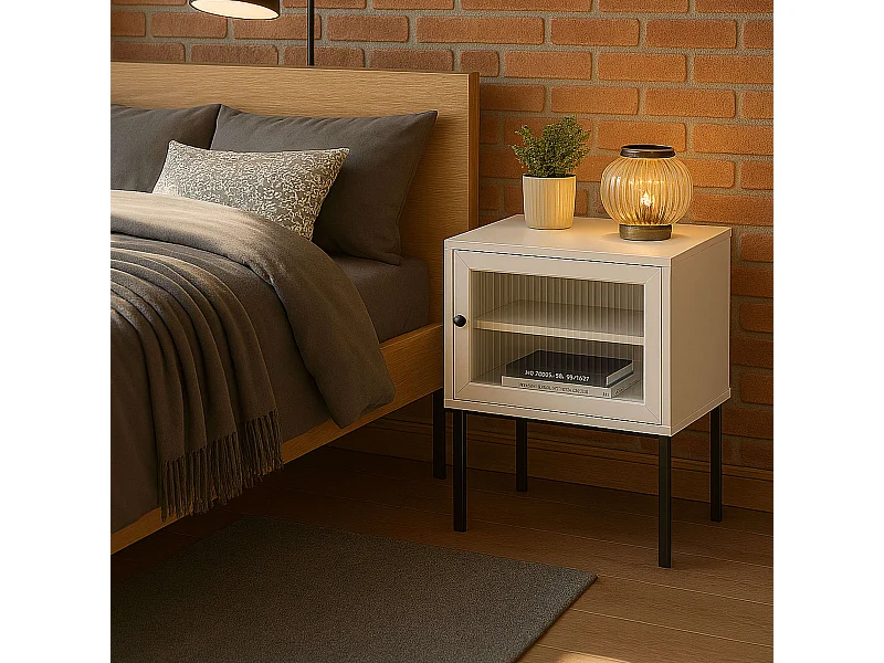 Table de chevet Vitinia avec 1 porte vitrée, blanc/noir, 45,5x40x30 cm