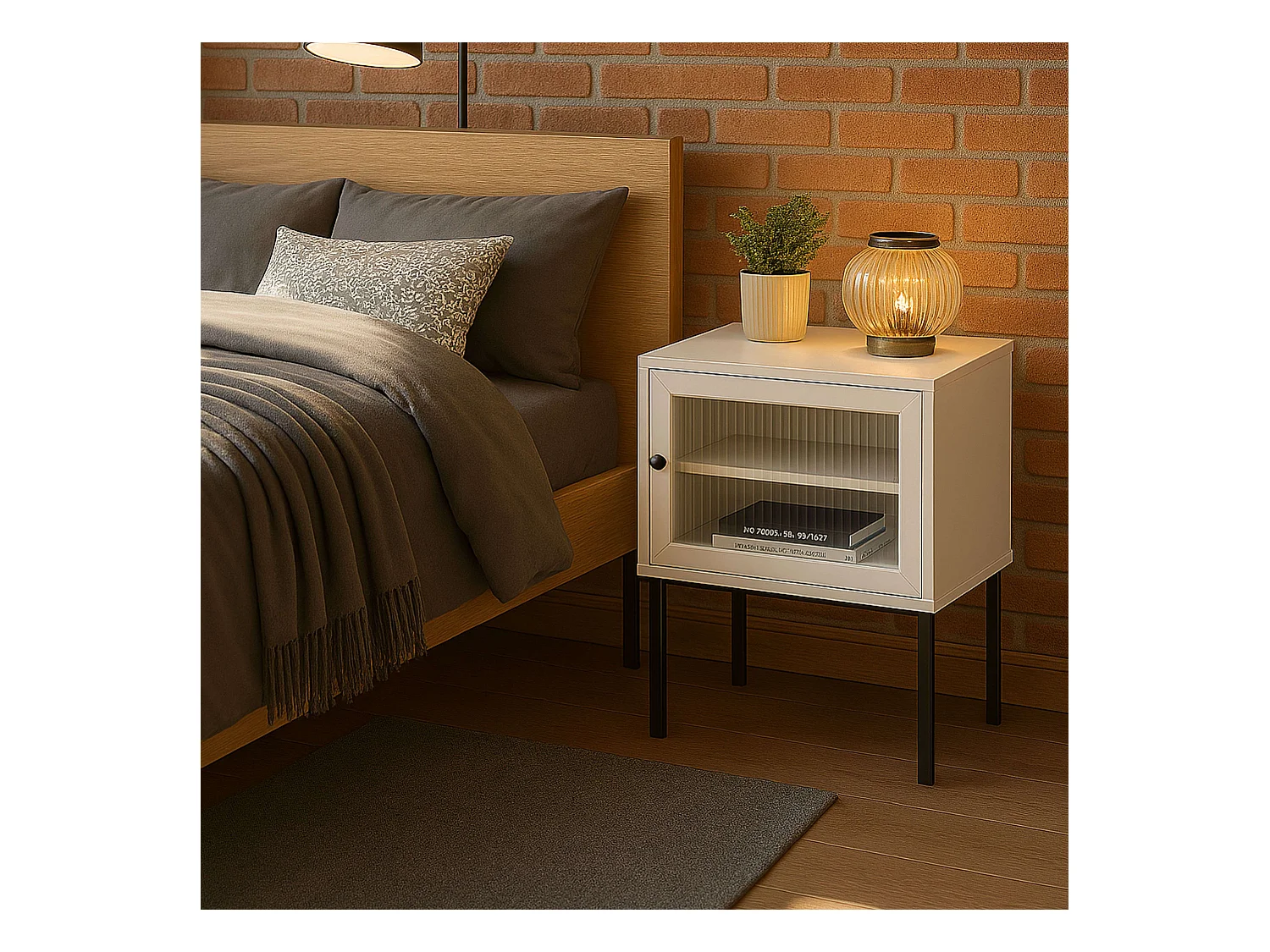 Mesa de cabeceira Vitinia com 1 porta de vidro, branco/preto, 45,5x40x30 cm