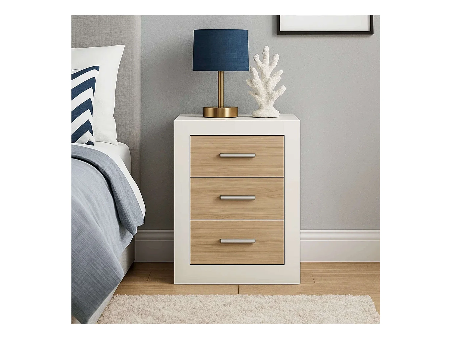 Table de chevet Sara Nordic en chêne Sonoma et cachemire, 3 tiroirs, 50 x 60 x 35 cm