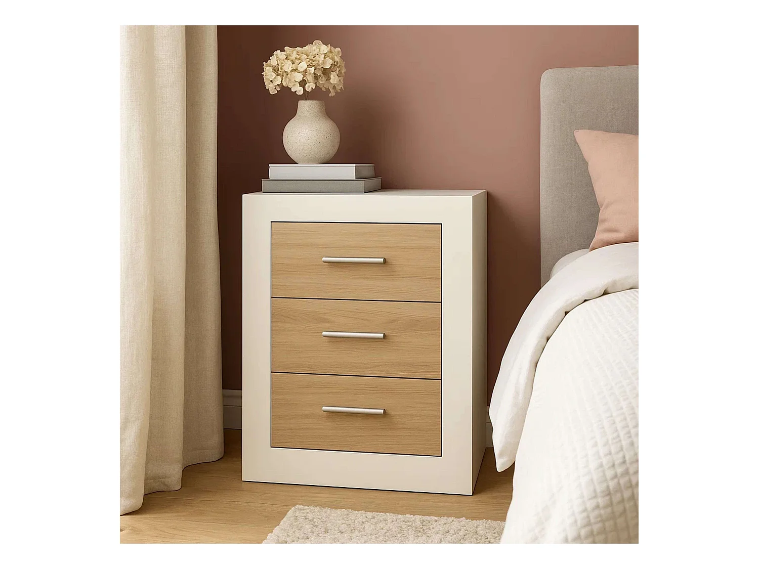 Table de chevet Sara Nordic en chêne Sonoma et cachemire, 3 tiroirs, 50 x 60 x 35 cm