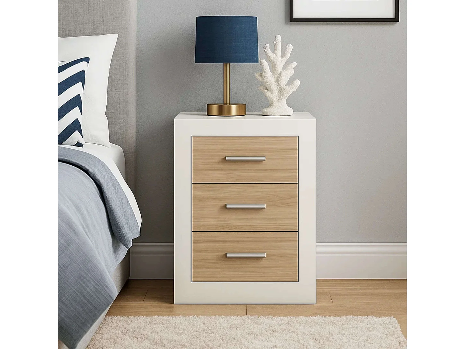 Table de chevet Sara Nordic en chêne Sonoma et cachemire, 3 tiroirs, 50 x 60 x 35 cm