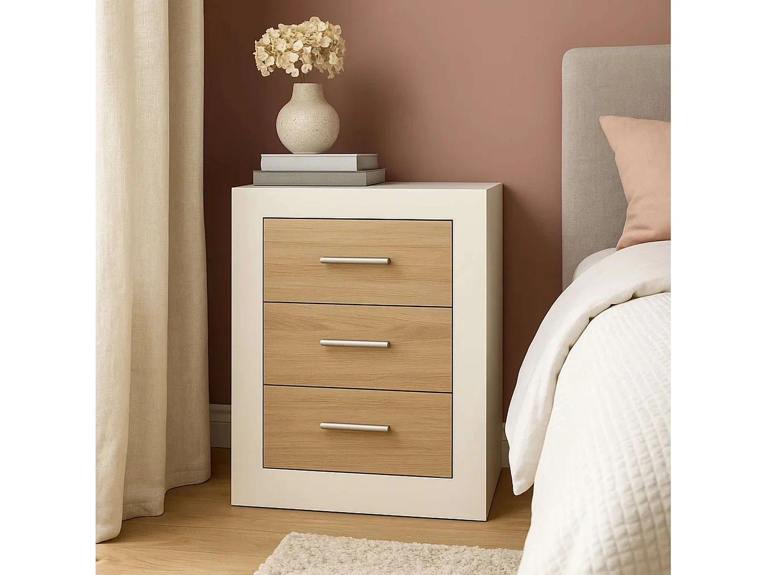 Table de chevet Sara Nordic en chêne Sonoma et cachemire, 3 tiroirs, 50 x 60 x 35 cm