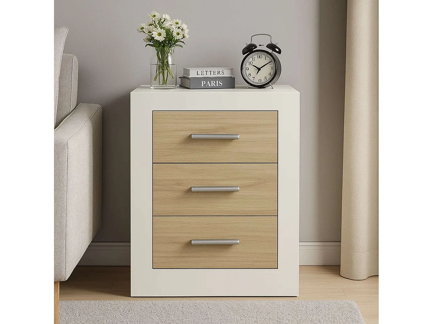 Mesa de cabeceira Sara Nordic para quarto, carvalho Sonoma e Caxemira, 3 gavetas, 50x60x35 cm