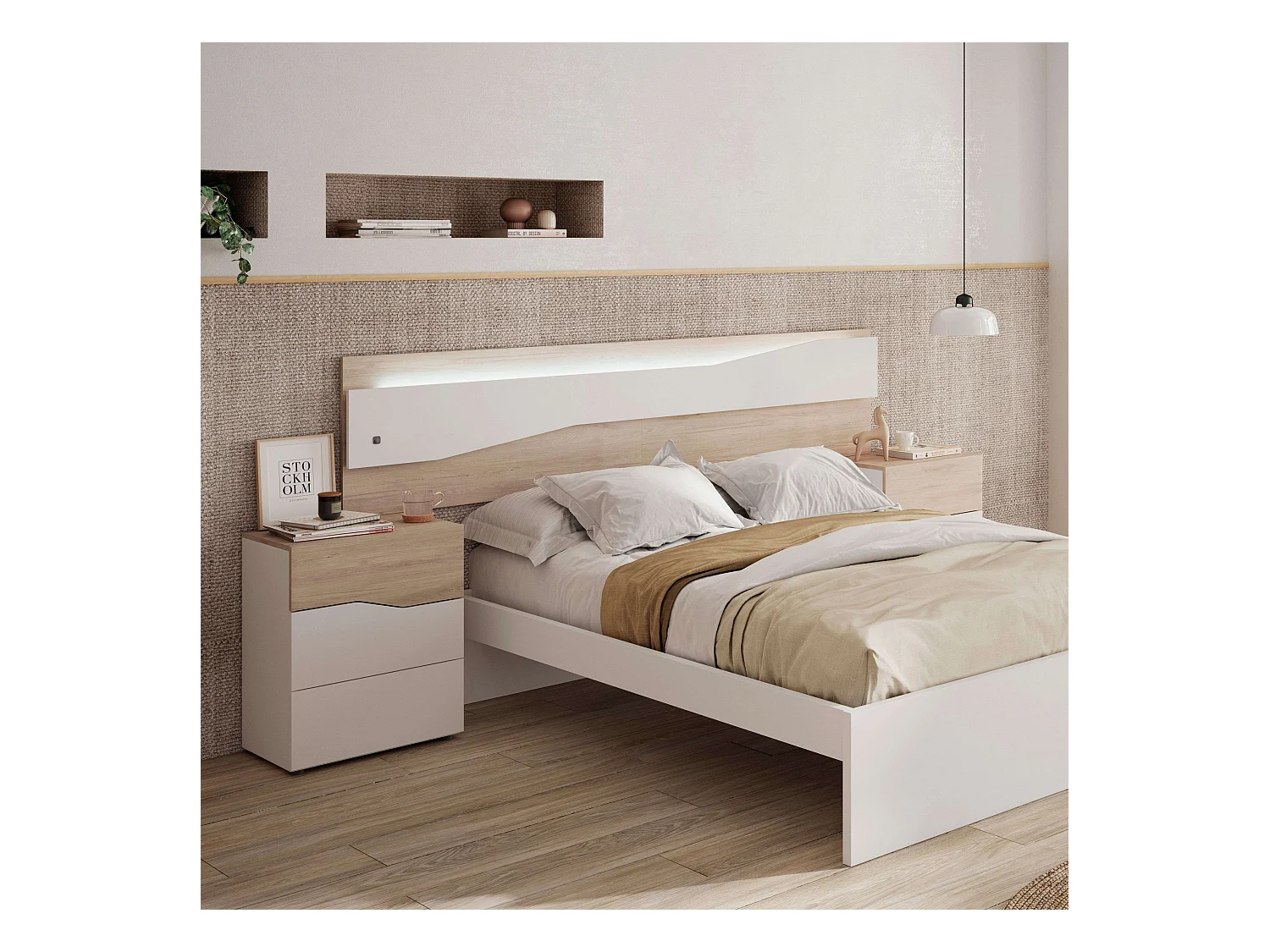 Table de chevet moderne Cannes avec 3 tiroirs, blanc mat, Sahara, 54 x 65 x 35 cm