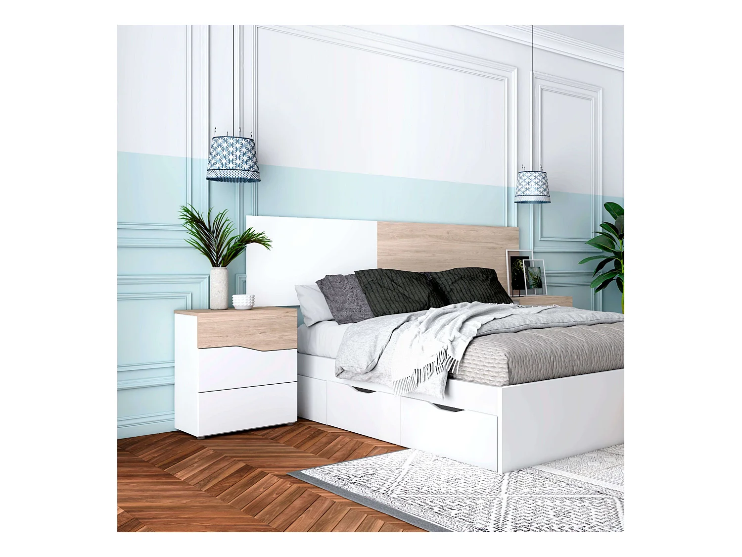 Table de chevet moderne Cannes avec 3 tiroirs, blanc mat, Sahara, 54 x 65 x 35 cm