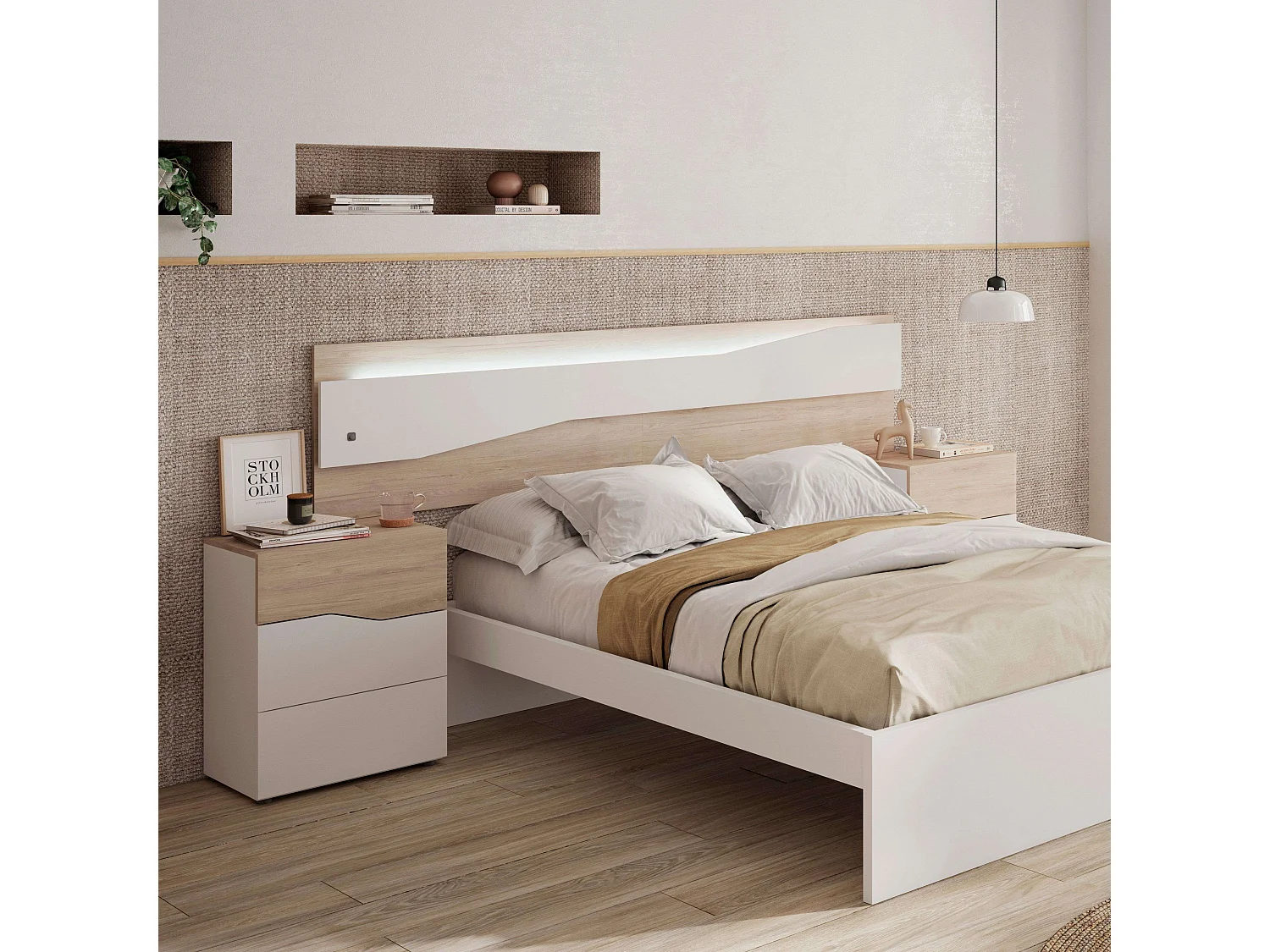 Table de chevet moderne Cannes avec 3 tiroirs, blanc mat, Sahara, 54 x 65 x 35 cm