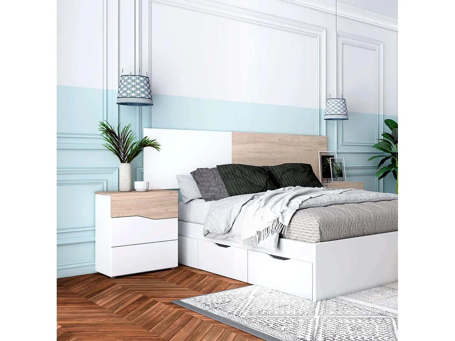 Table de chevet moderne Cannes avec 3 tiroirs, blanc mat, Sahara, 54 x 65 x 35 cm