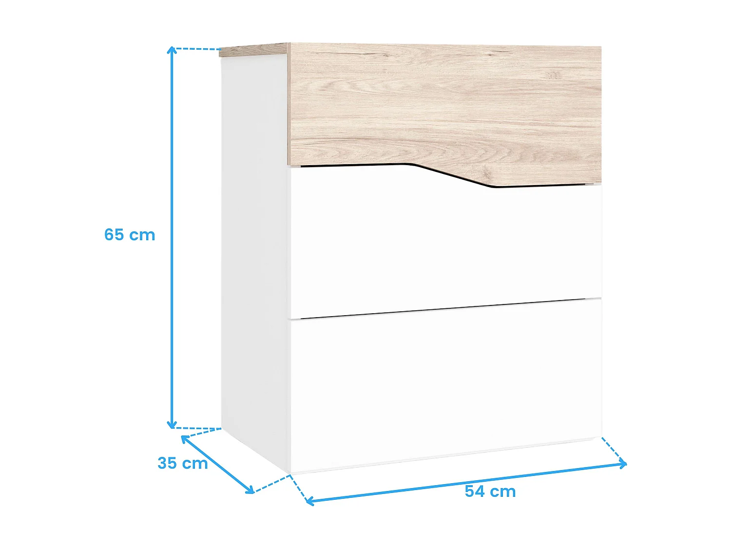Table de chevet moderne Cannes avec 3 tiroirs, blanc mat, Sahara, 54 x 65 x 35 cm