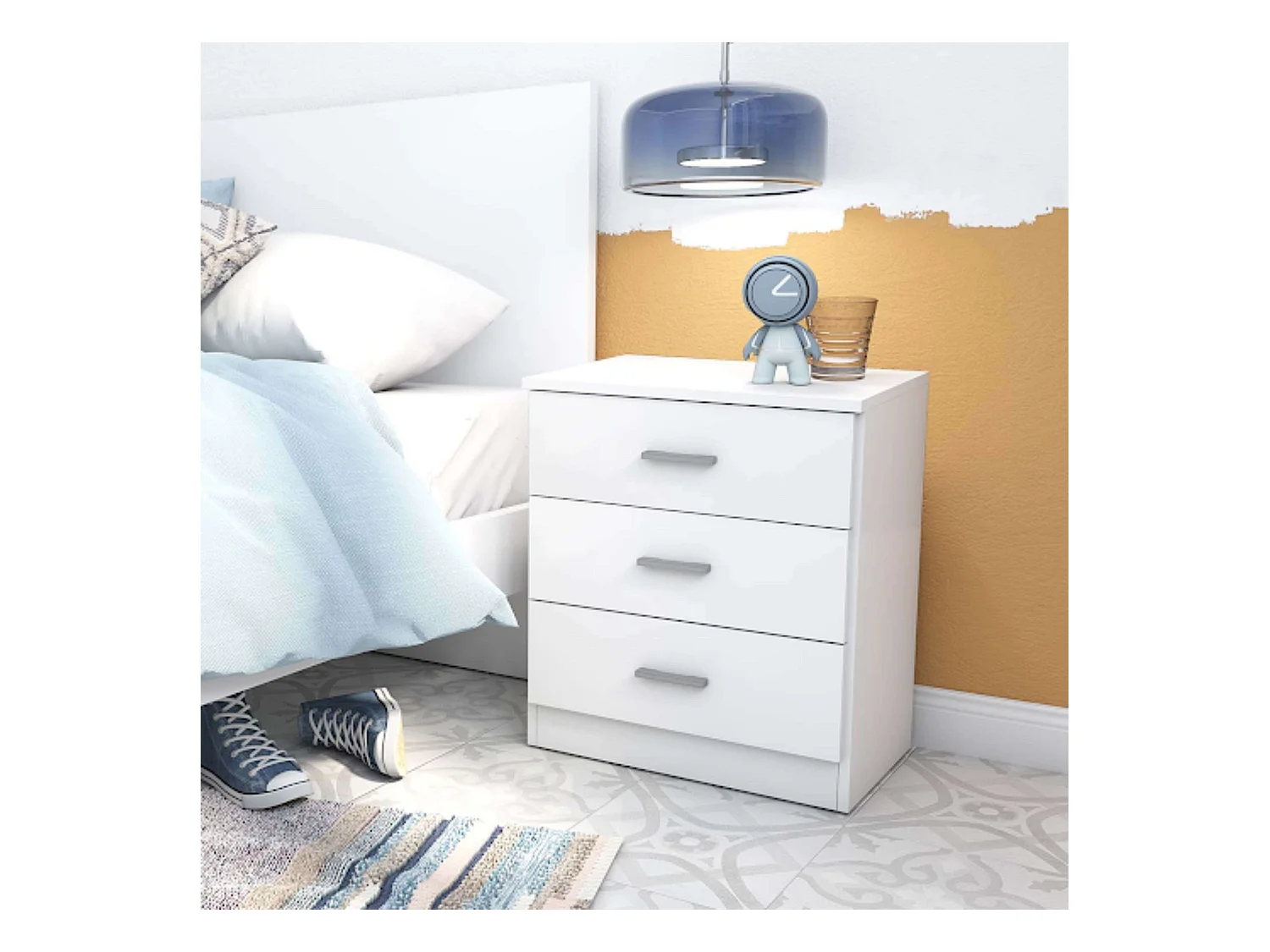 Table de chevet pour couple, blanc mat, 3C, 50 x 58 x 33 cm