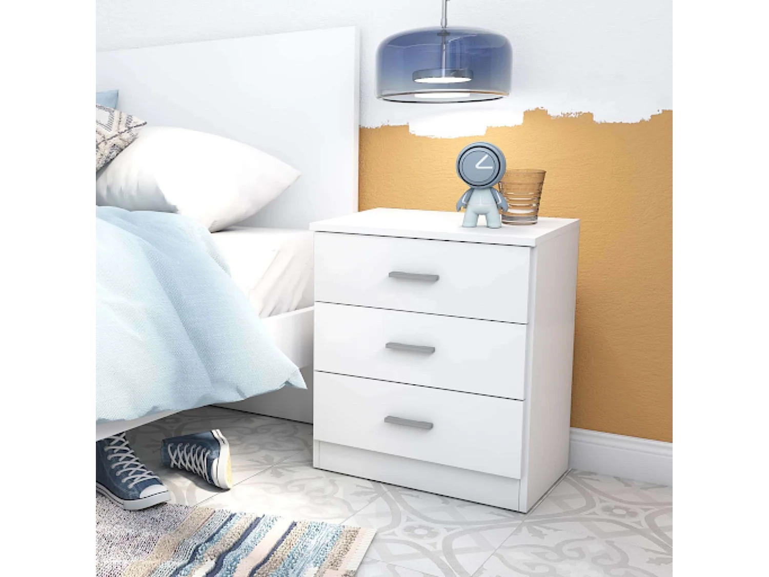 Table de chevet pour couple, blanc mat, 3C, 50 x 58 x 33 cm