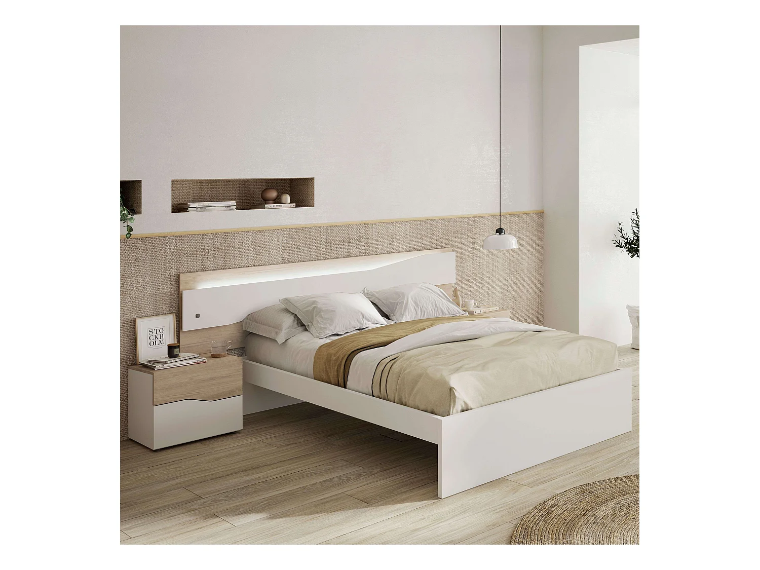 Table de chevet Cannes avec 2 tiroirs, couleur blanc et sahara, 54x42x35 cm