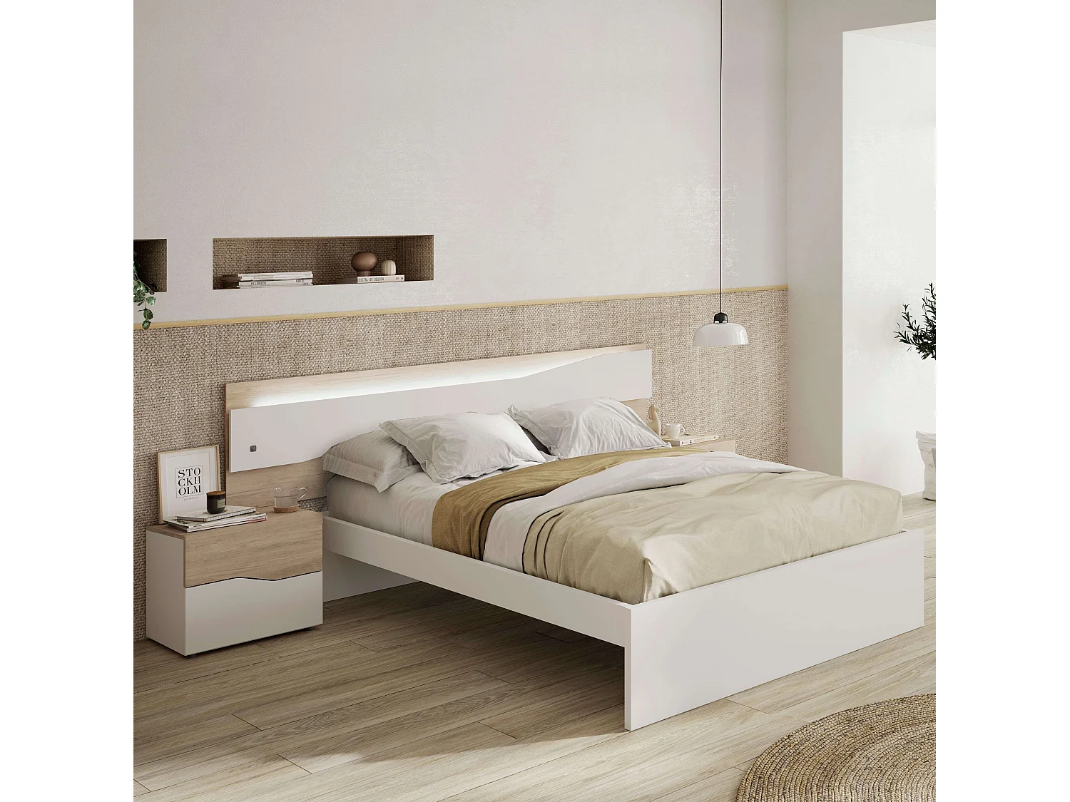 Table de chevet Cannes avec 2 tiroirs, couleur blanc et sahara, 54x42x35 cm