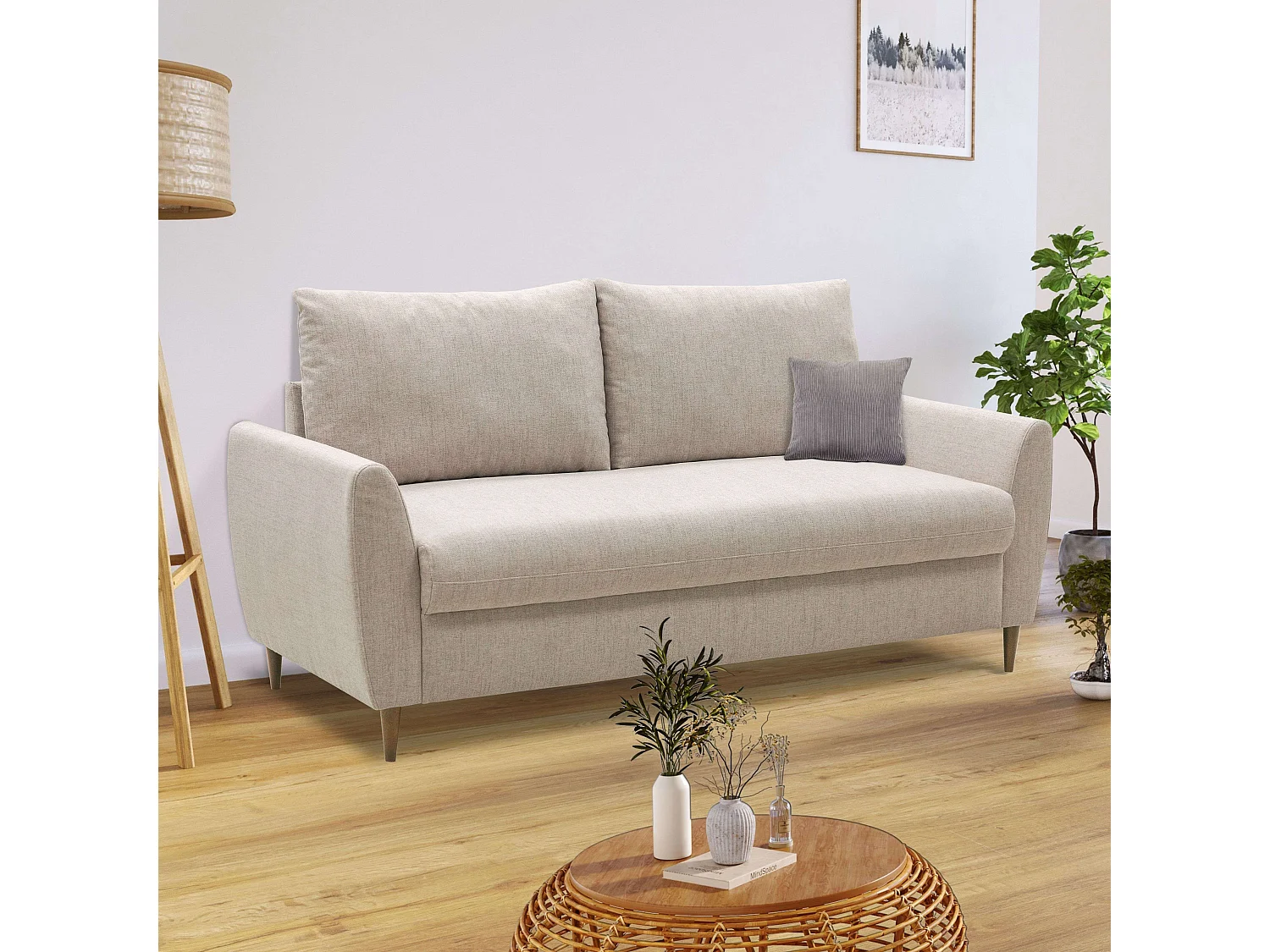 Sofá 3 Plazas Mave Salón Comedor Contemporáneo Beige, Madera, 180 cm