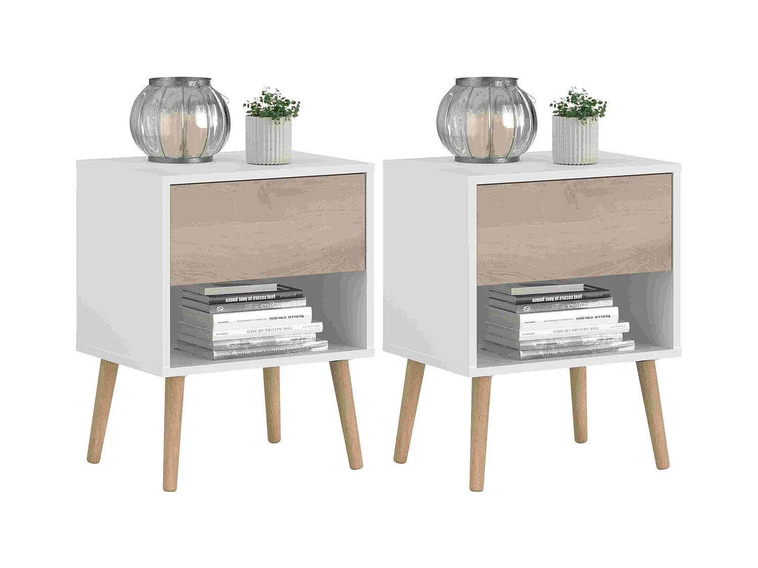 Juego 2 Mesitas noche Osaka 1 cajón roble Japonés/blanco mate 44x56x33 cm