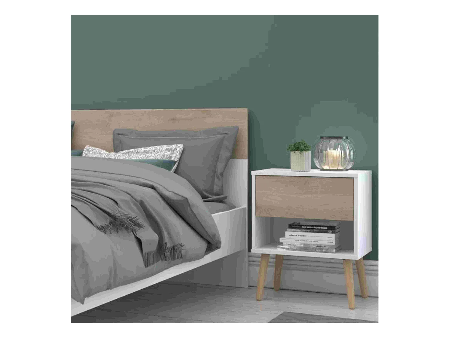 Juego 2 Mesitas noche Osaka 1 cajón roble Japonés/blanco mate 44x56x33 cm