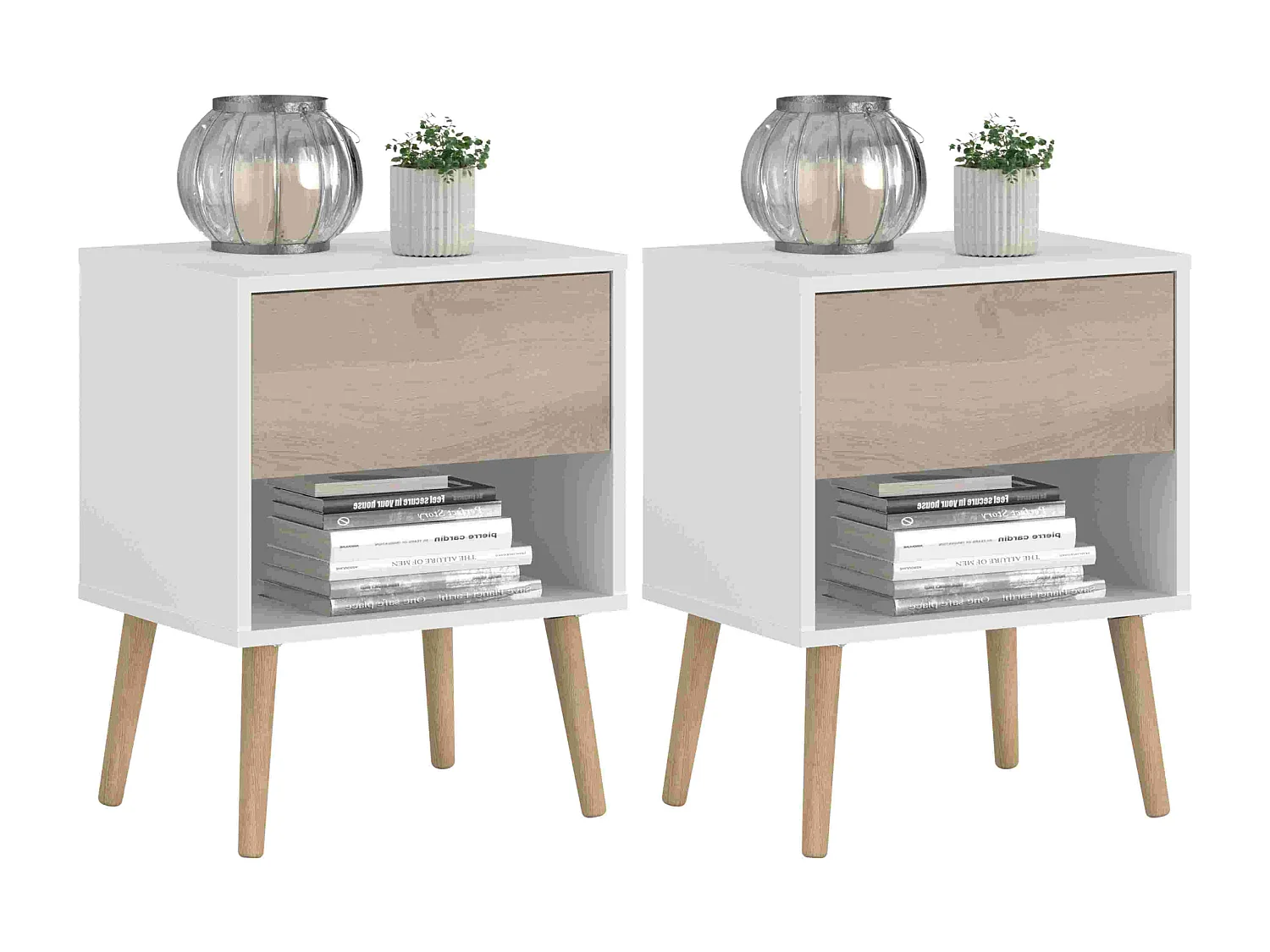 Conjunto de 2 mesas de cabeceira Osaka, 1 gaveta, carvalho japonês/branco fosco, 44x56x33 cm