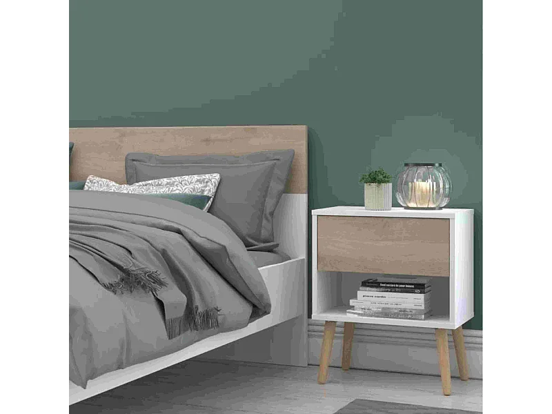 Conjunto de 2 mesas de cabeceira Osaka, 1 gaveta, carvalho japonês/branco fosco, 44x56x33 cm