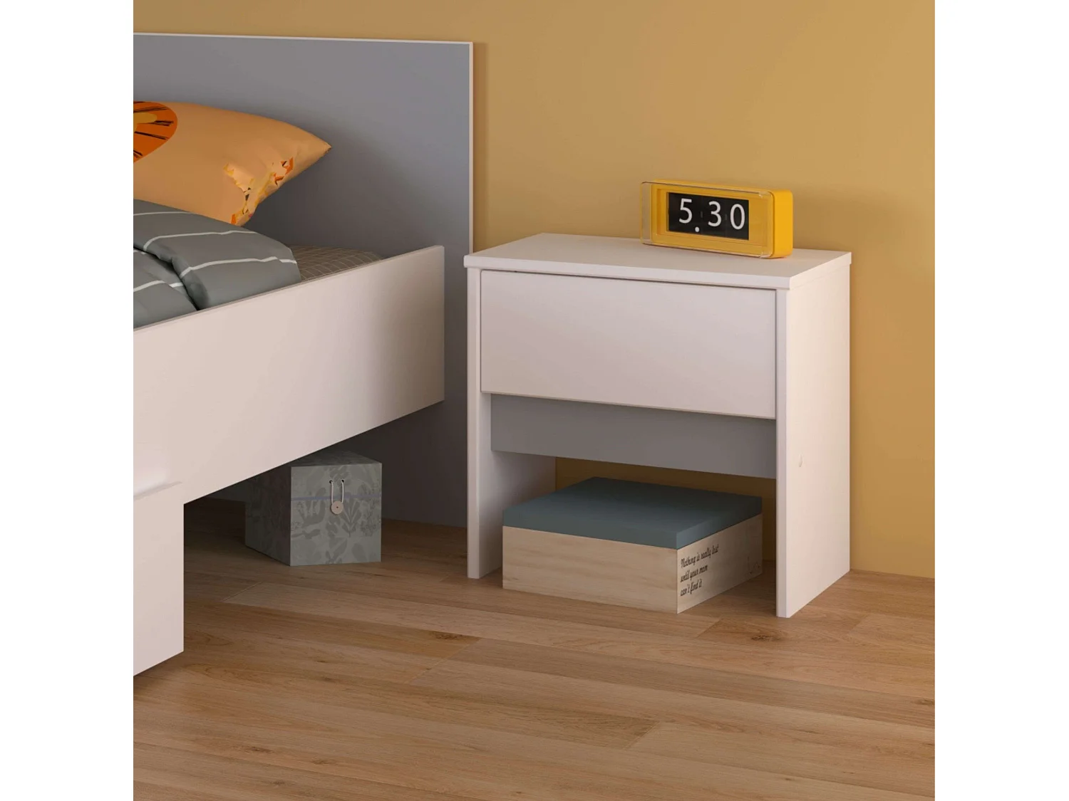 Table de chevet Germain 1 tiroir Blanc mat Gris Mélamine 40 cm Moderne