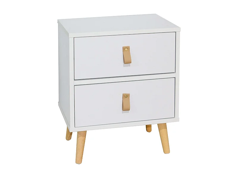 Table de chevet moderne Anzio blanche à 2 tiroirs avec pieds en bois, 50x40x30 cm