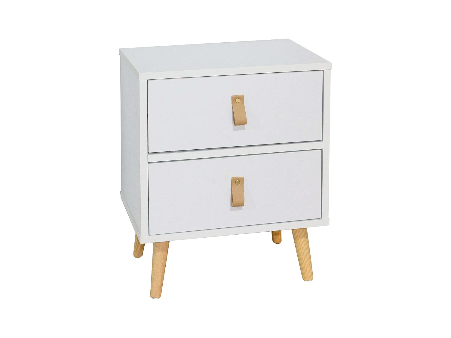 Table de chevet moderne Anzio blanche à 2 tiroirs avec pieds en bois, 50x40x30 cm