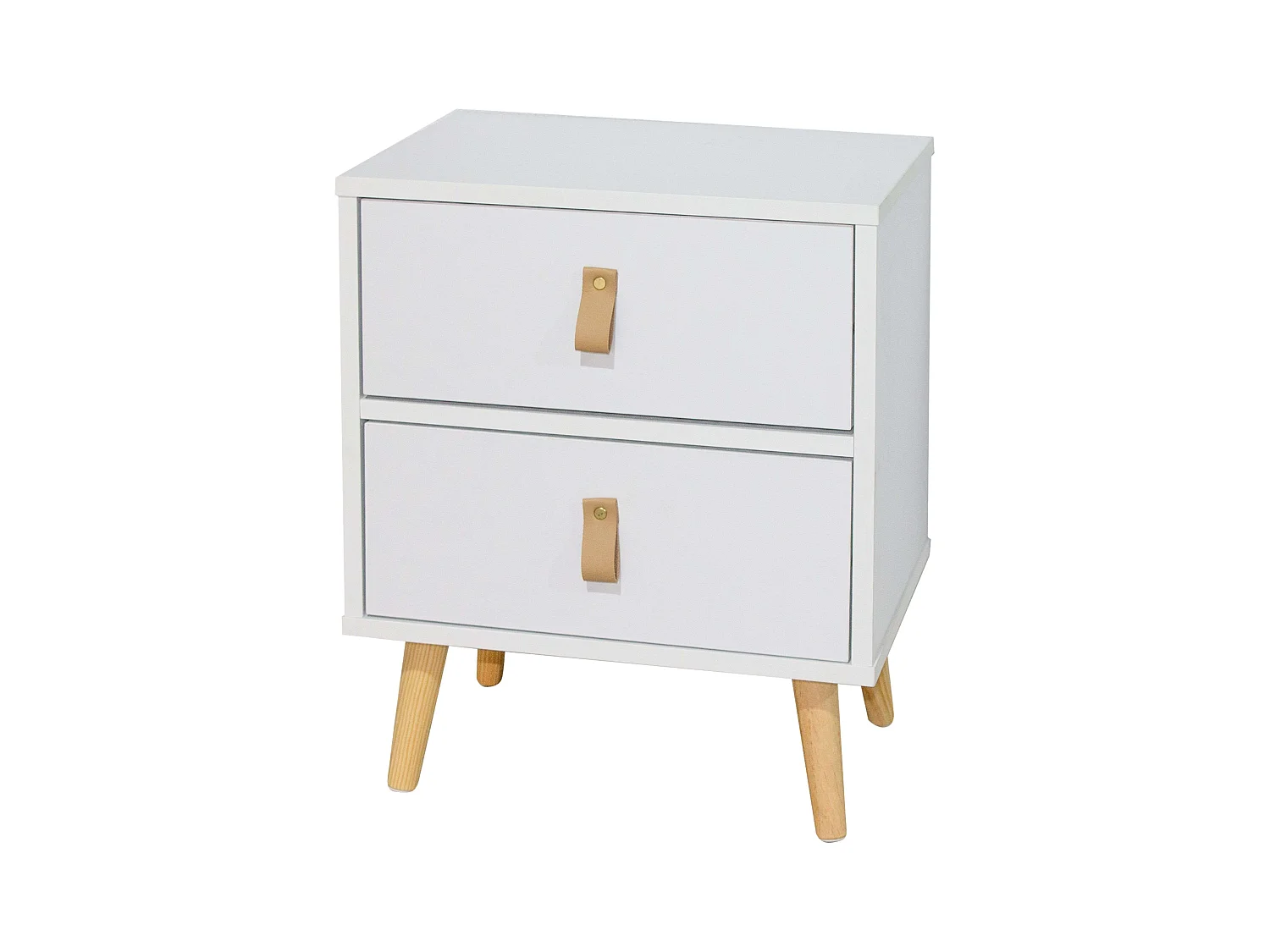 Table de chevet moderne Anzio blanche à 2 tiroirs avec pieds en bois, 50x40x30 cm