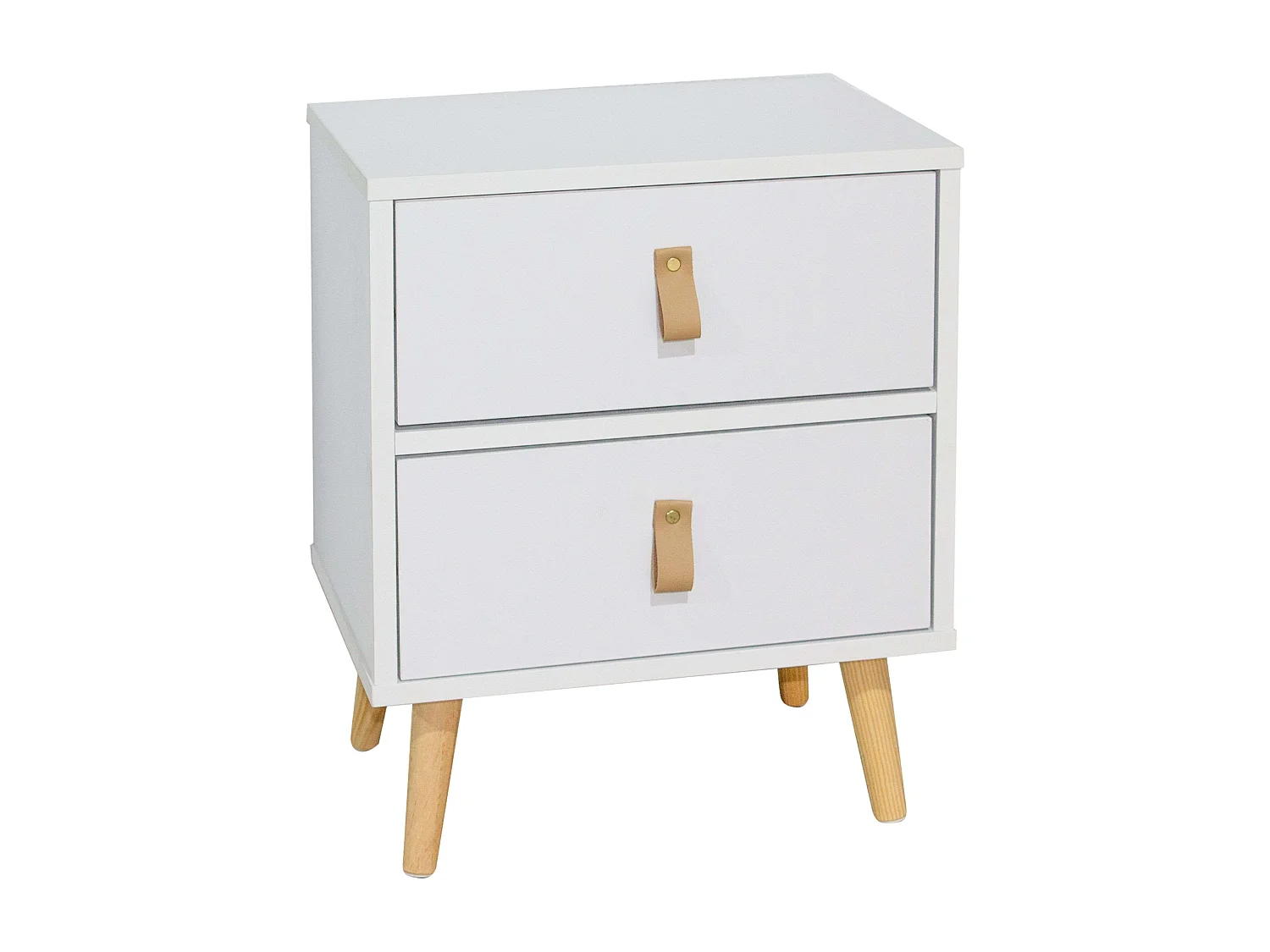 Table de chevet moderne Anzio blanche à 2 tiroirs avec pieds en bois, 50x40x30 cm