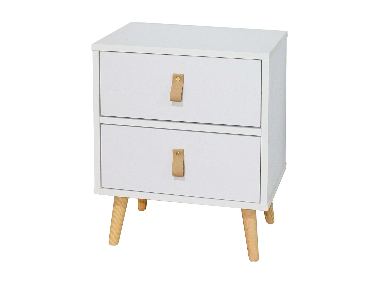 Table de chevet moderne Anzio blanche à 2 tiroirs avec pieds en bois, 50x40x30 cm