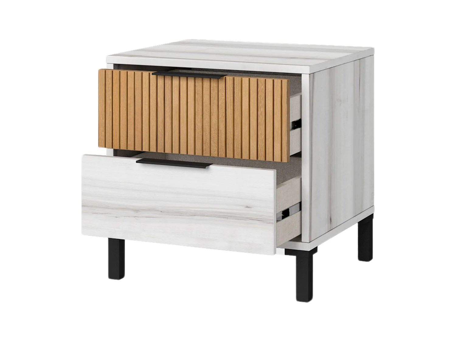 Table de chevet 2 tiroirs Arles, blanc, Albo, chêne rayé, 45 x 47 cm