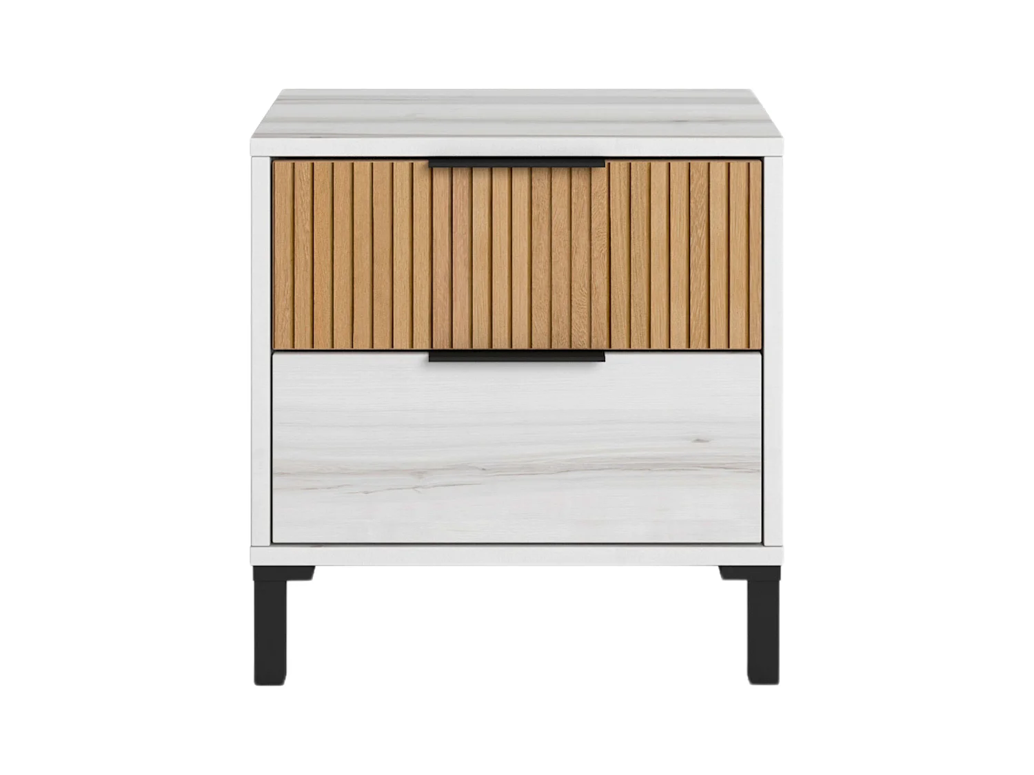 Table de chevet 2 tiroirs Arles, blanc, Albo, chêne rayé, 45 x 47 cm
