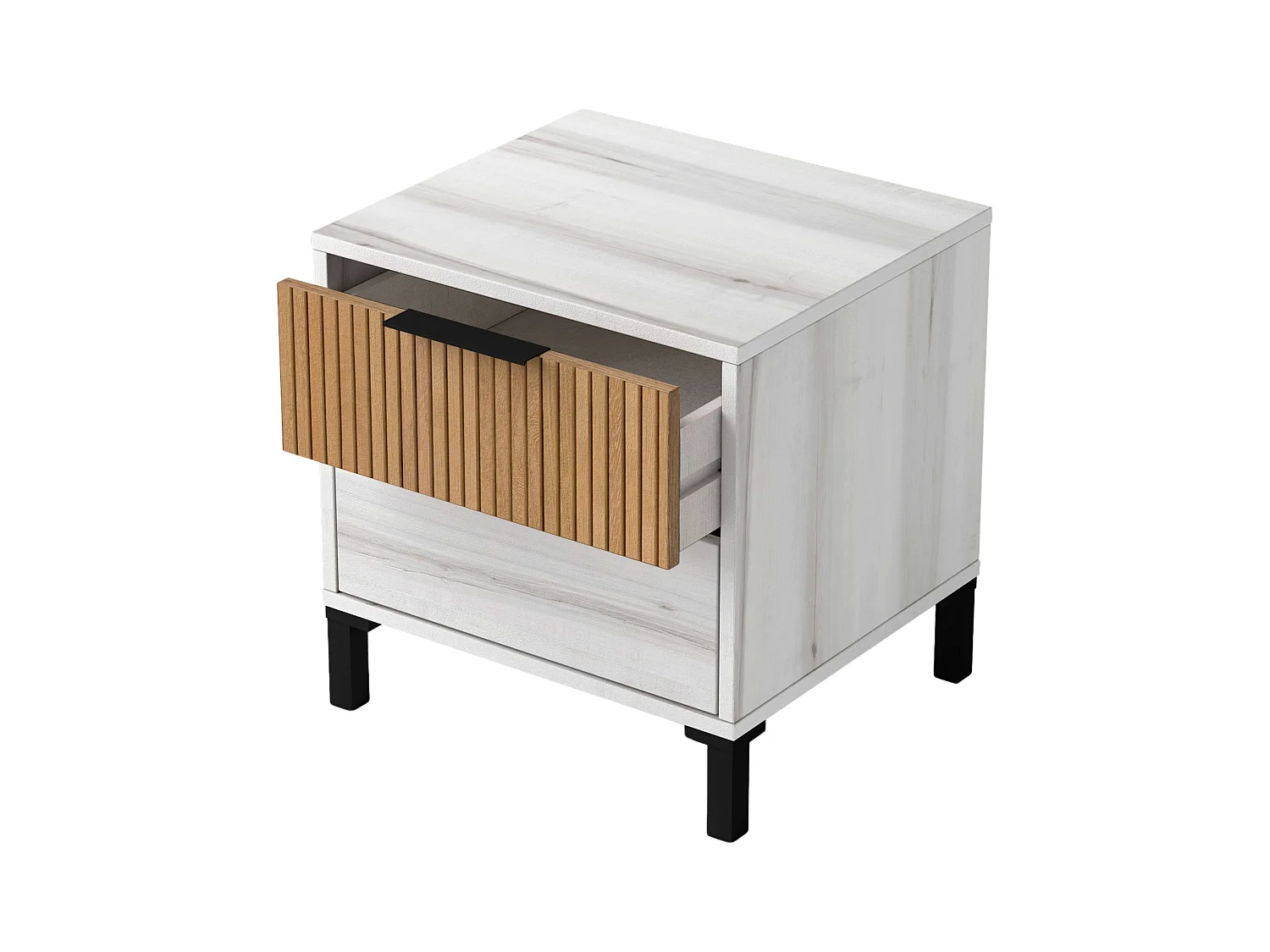 Table de chevet 2 tiroirs Arles, blanc, Albo, chêne rayé, 45 x 47 cm