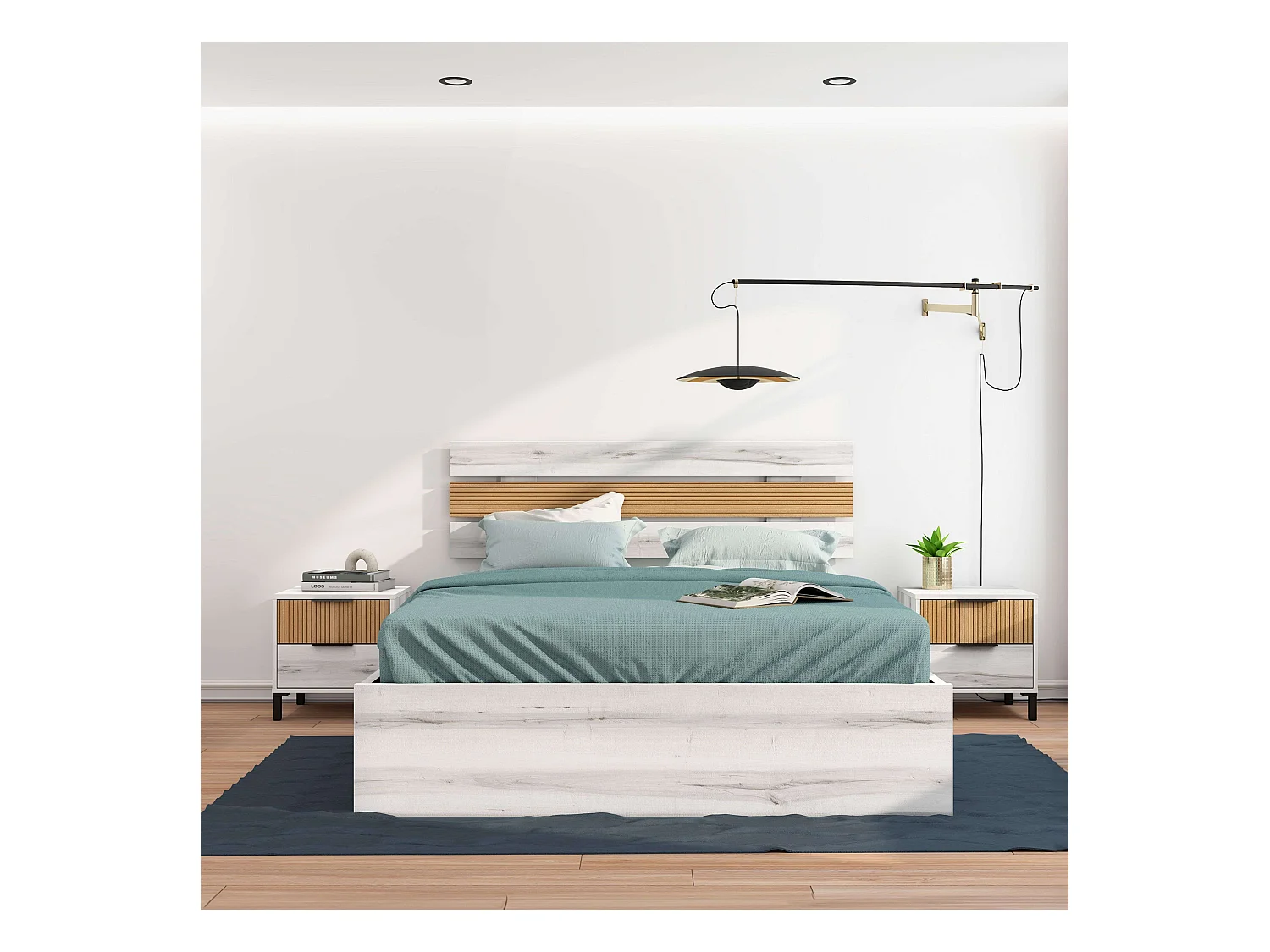 Table de chevet 2 tiroirs Arles, blanc, Albo, chêne rayé, 45 x 47 cm