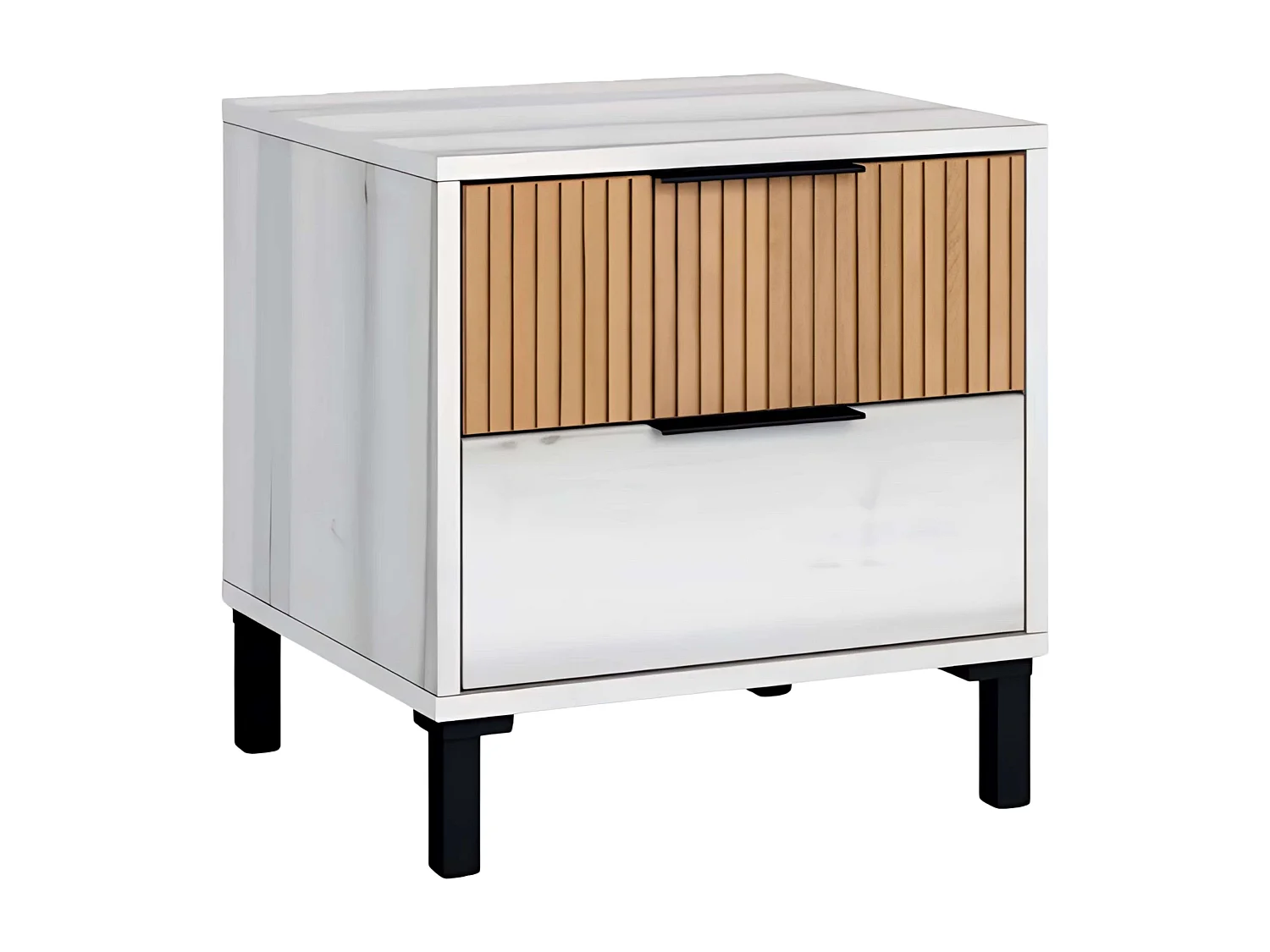 Table de chevet 2 tiroirs Arles, blanc, Albo, chêne rayé, 45 x 47 cm