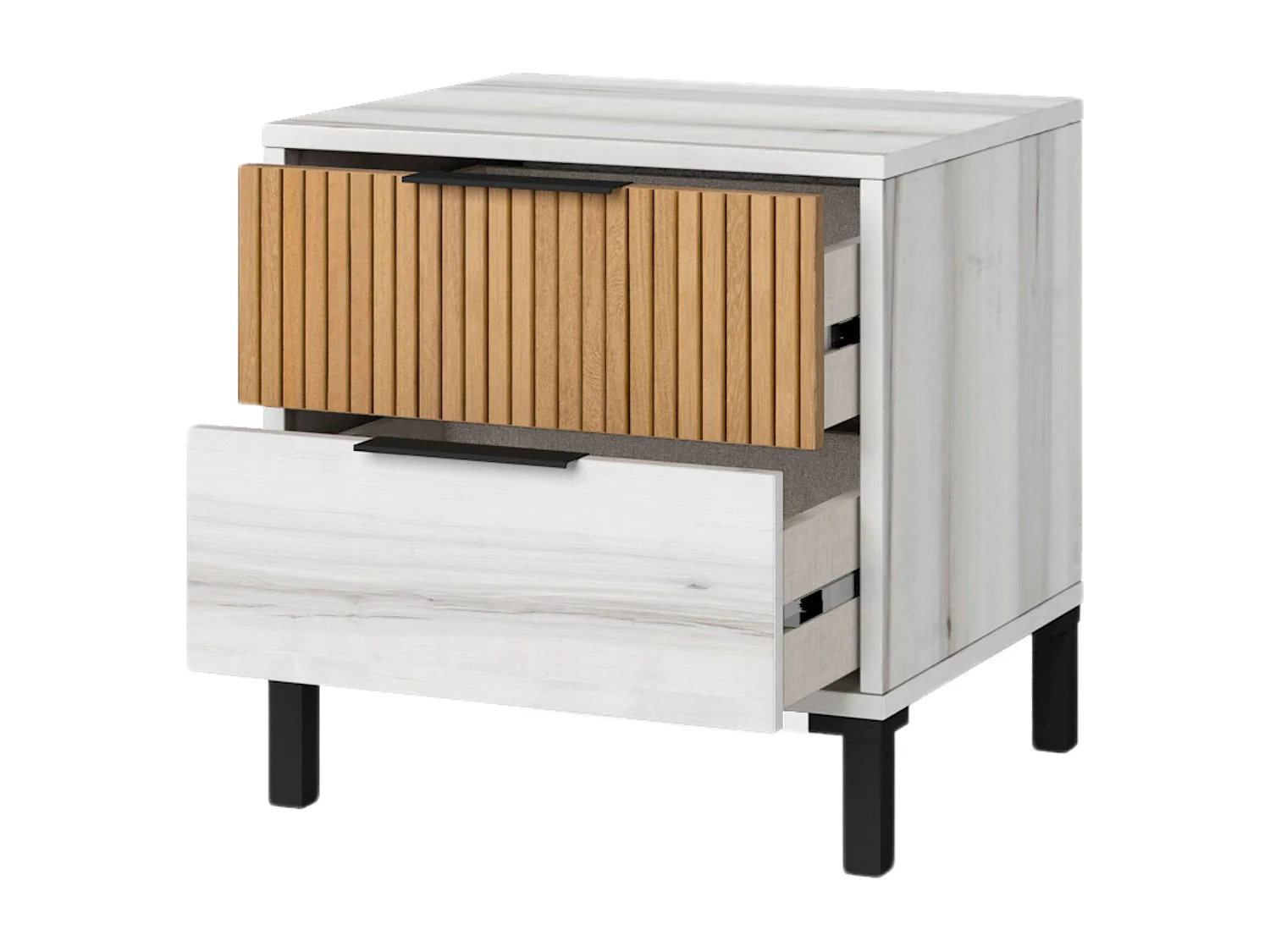 Table de chevet 2 tiroirs Arles, blanc, Albo, chêne rayé, 45 x 47 cm