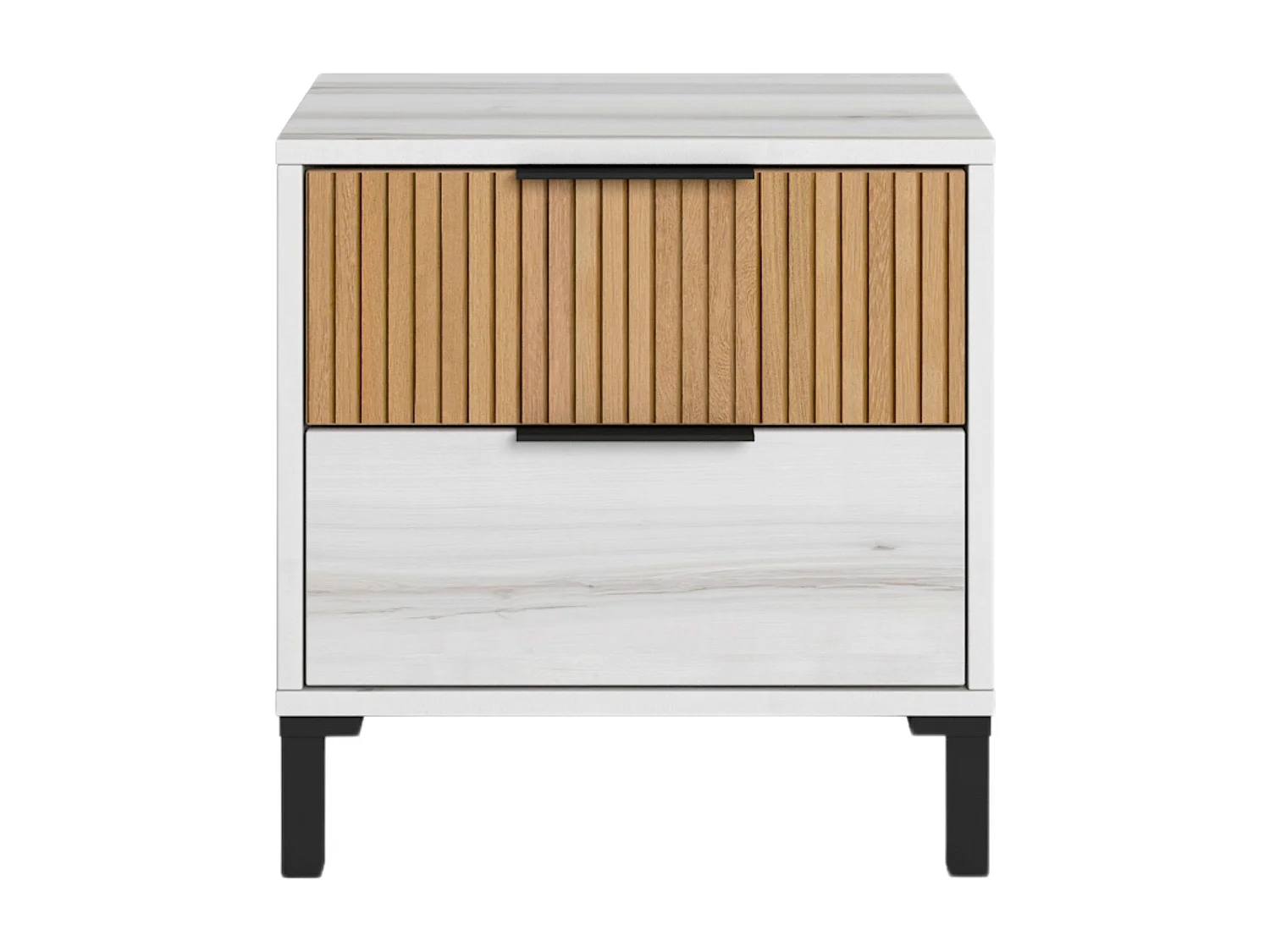 Table de chevet 2 tiroirs Arles, blanc, Albo, chêne rayé, 45 x 47 cm