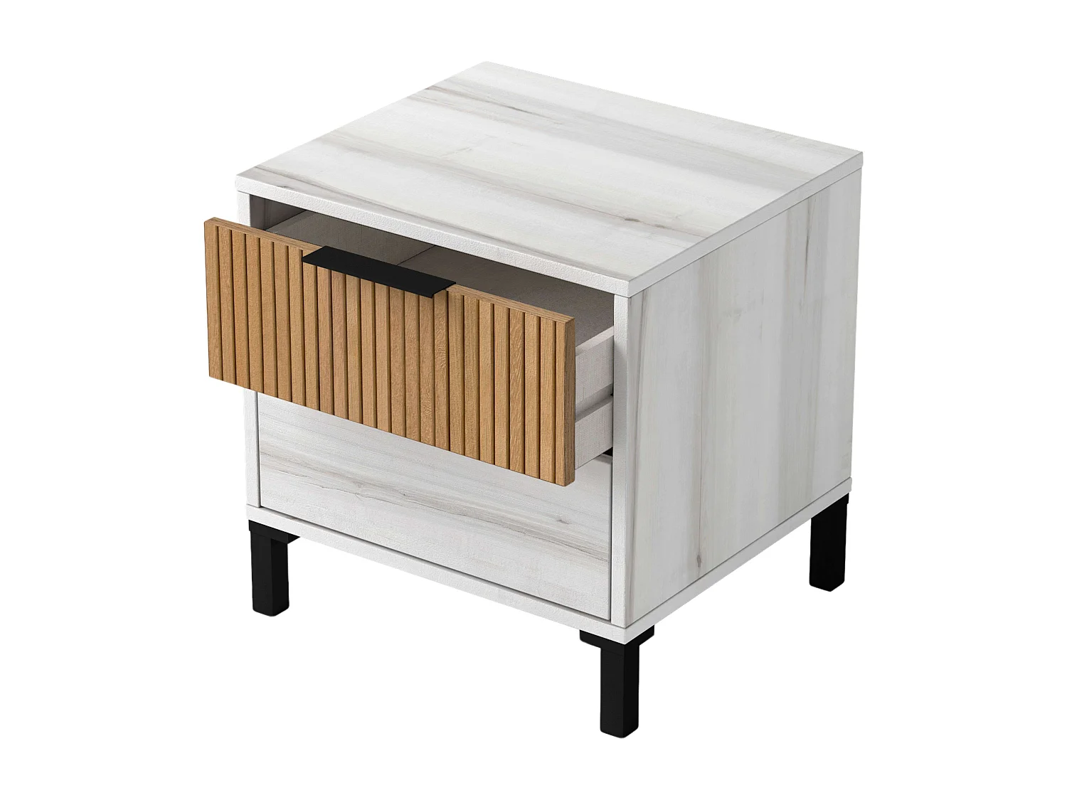 Table de chevet 2 tiroirs Arles, blanc, Albo, chêne rayé, 45 x 47 cm