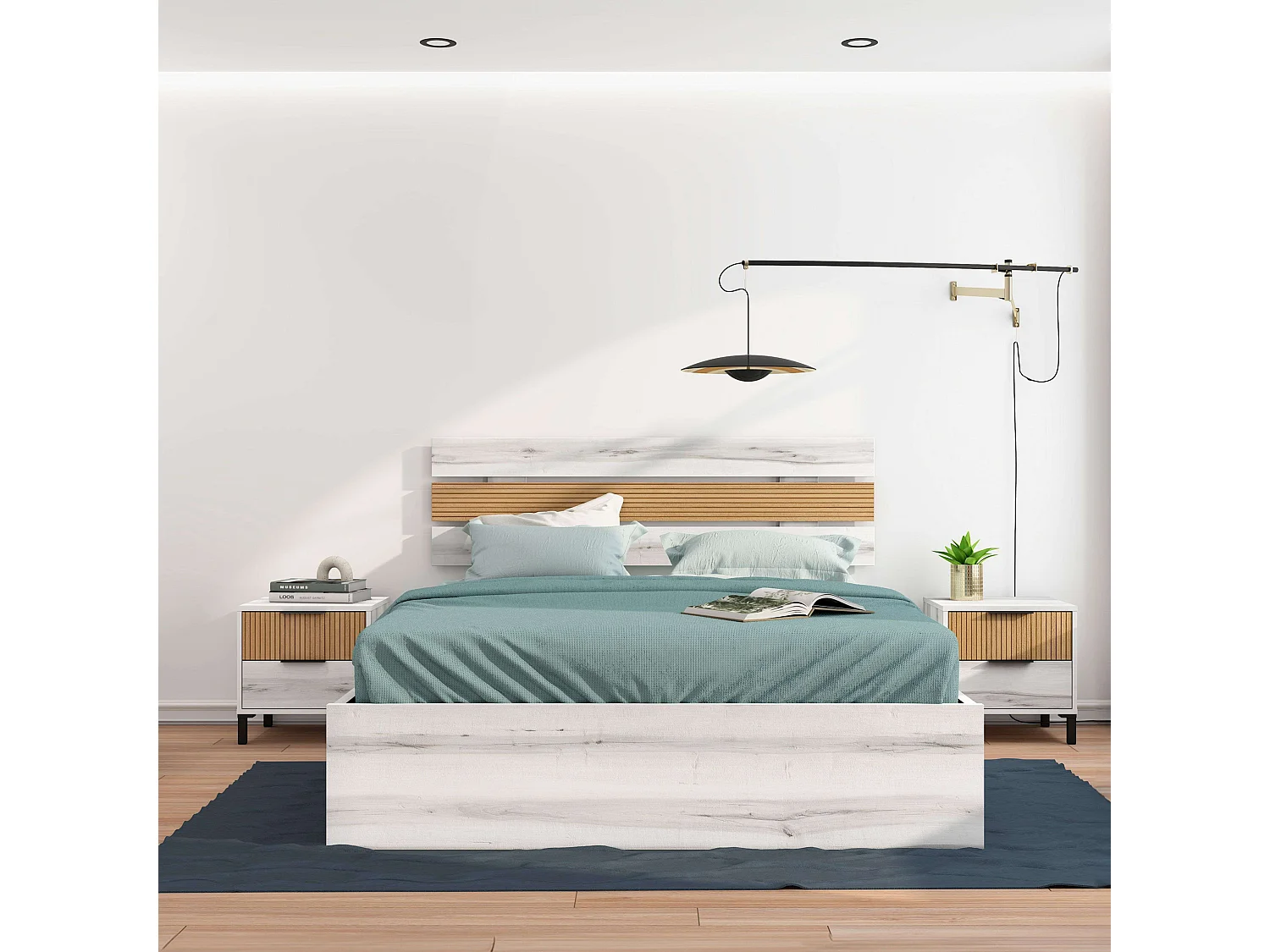 Table de chevet 2 tiroirs Arles, blanc, Albo, chêne rayé, 45 x 47 cm