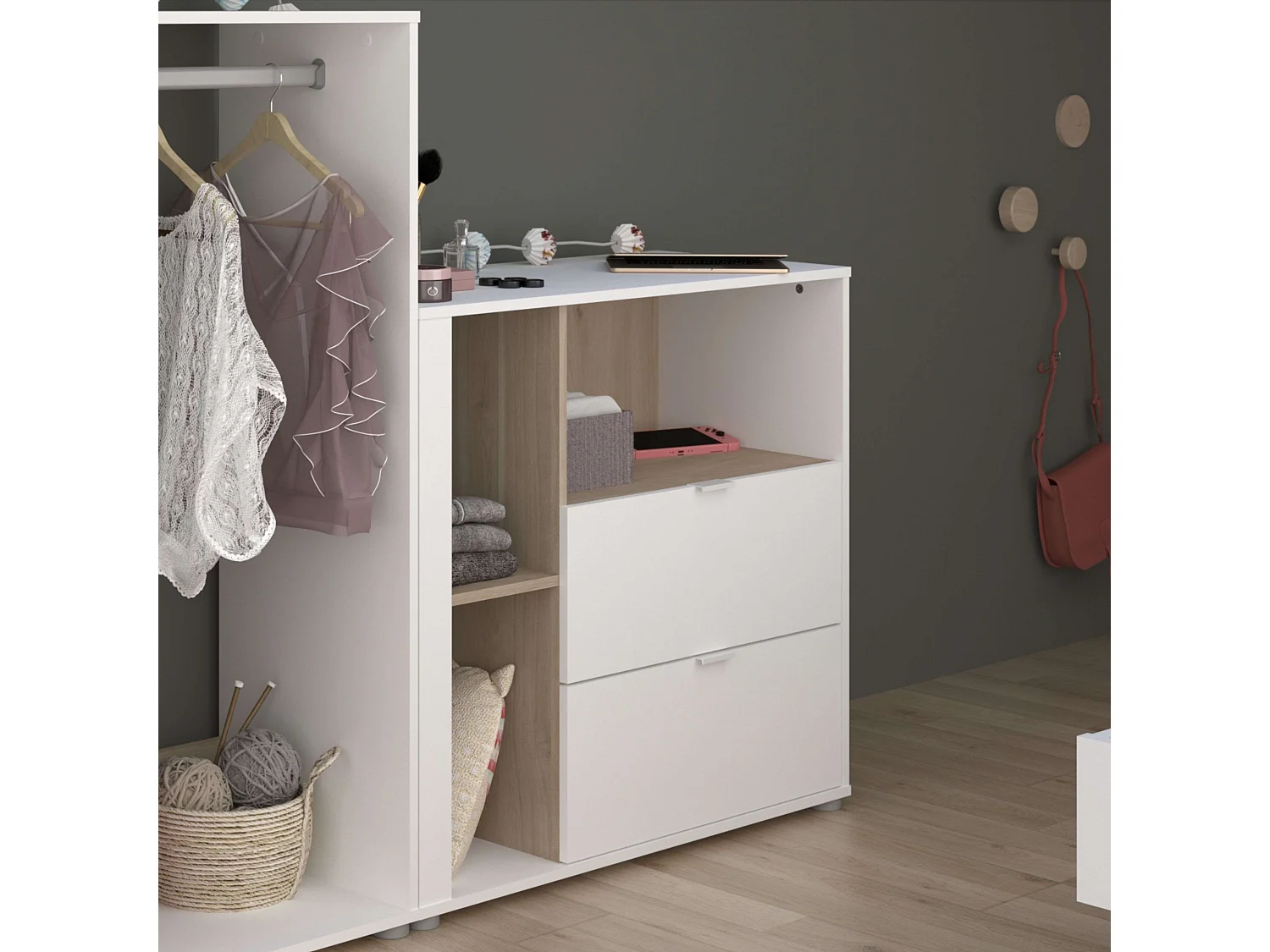 Table de chevet Boréale Blanc Mat et Chêne Japonais 92x84 cm