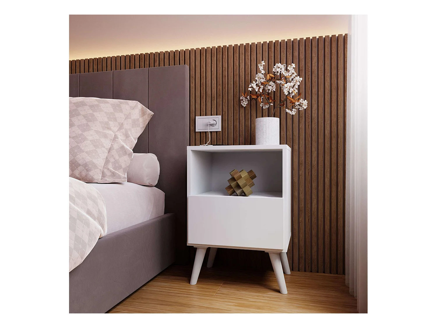 Table de chevet blanche contemporaine Losi avec 1 porte et 1 espace ouvert